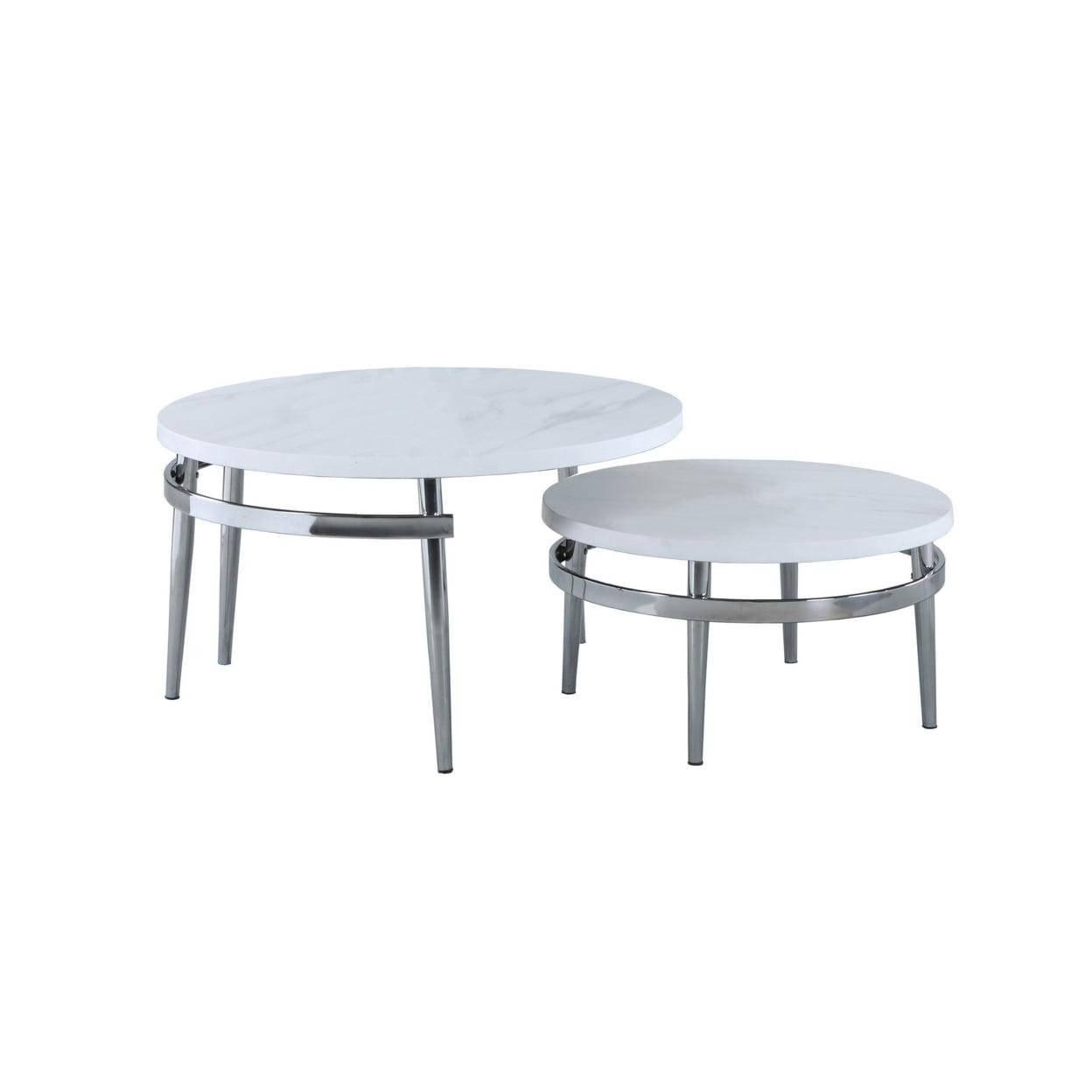 White Marble and Chrome Round Nesting Coffee Table Set