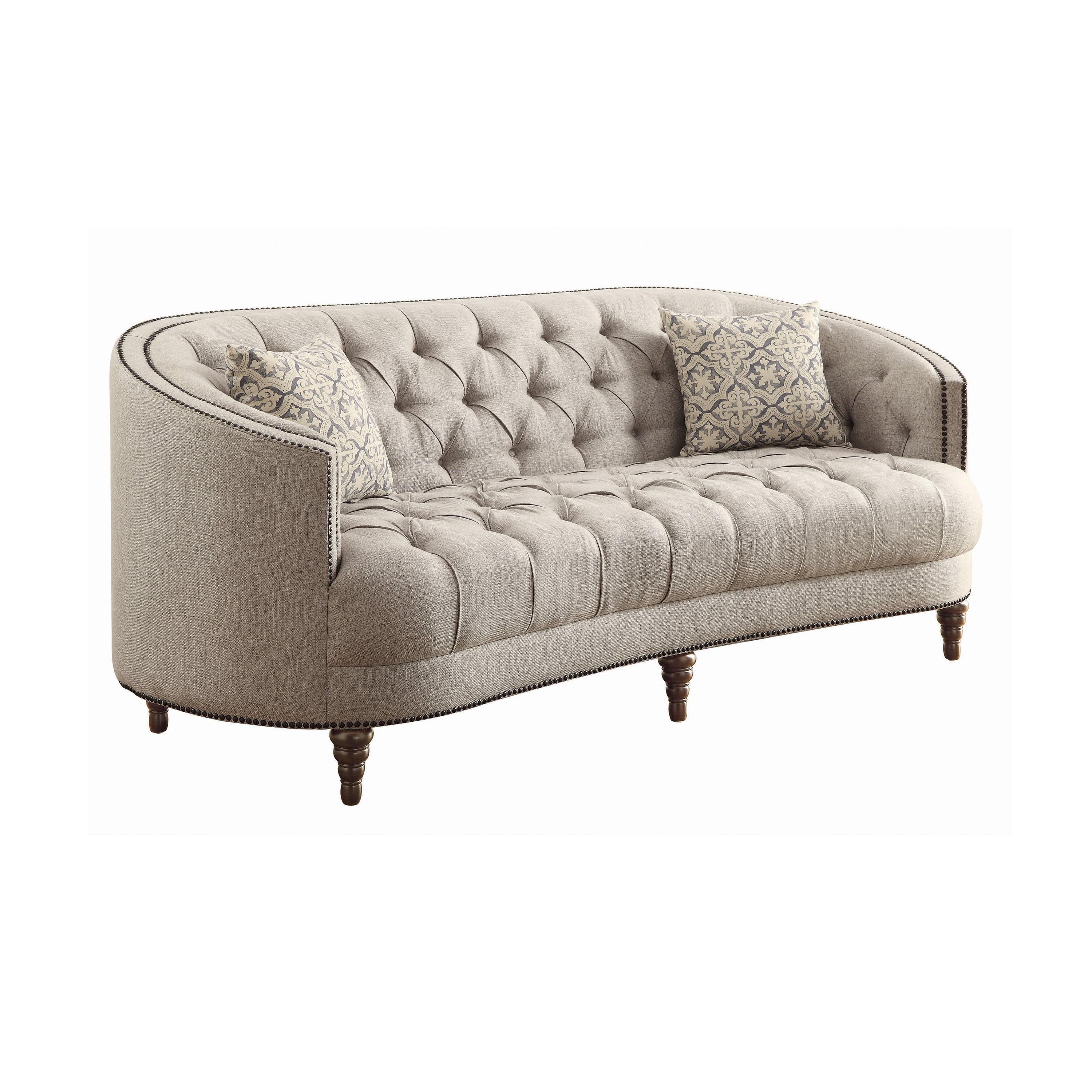 Gray Linen Tufted Sloped Arm Sofa with Nailhead Trim