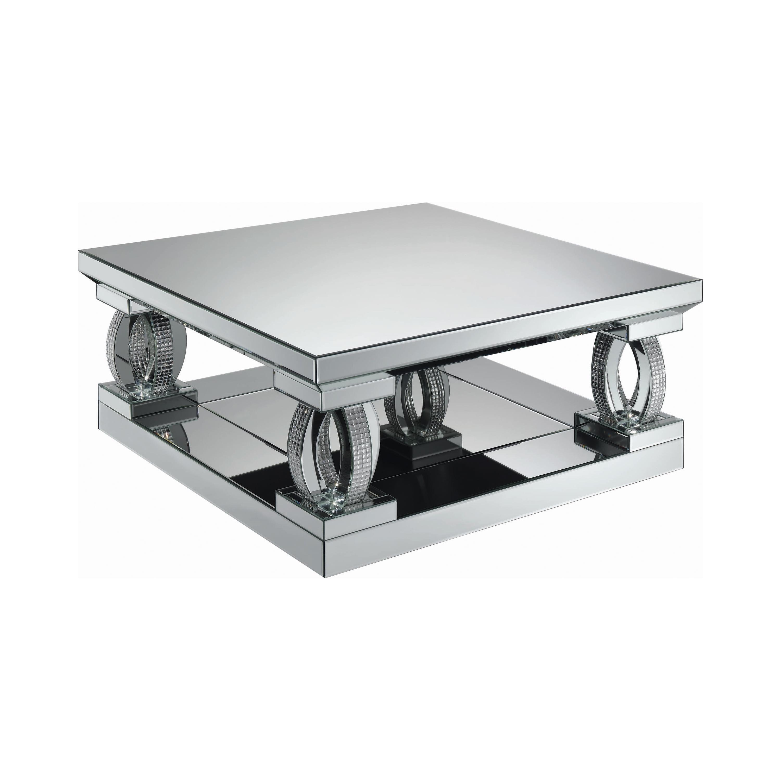 Contemporary Mirrored Square Coffee Table with Textured Silver Accents