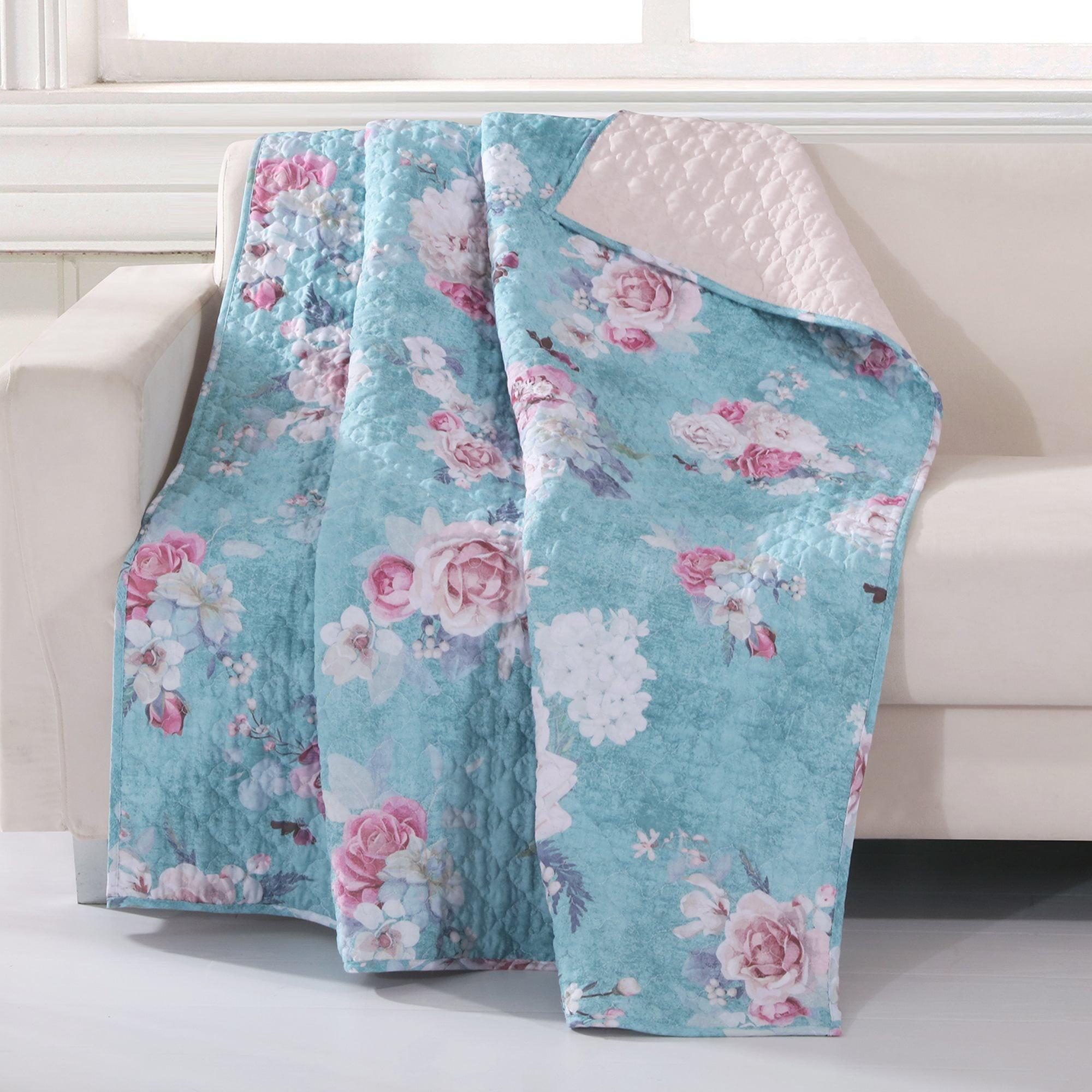 Turquoise Blue Floral Quilted Reversible Throw Blanket