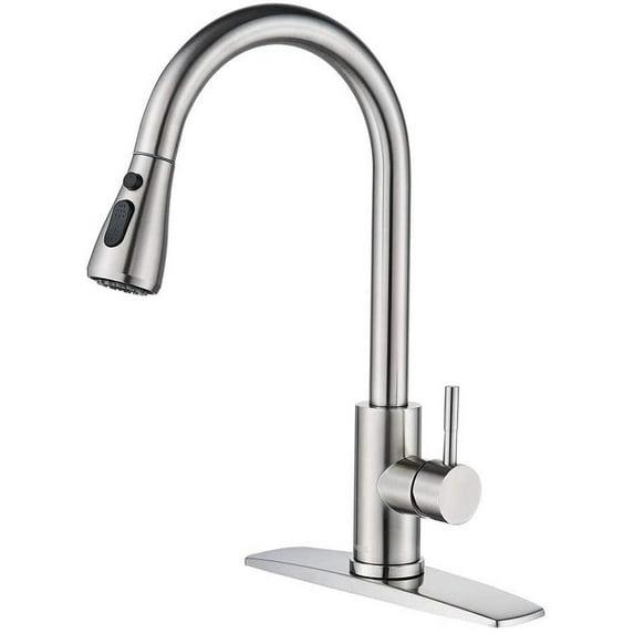 Brushed Nickel Kitchen Sink Faucet with Pull Down Sprayer Single Handle Single Hole Mixer Tap