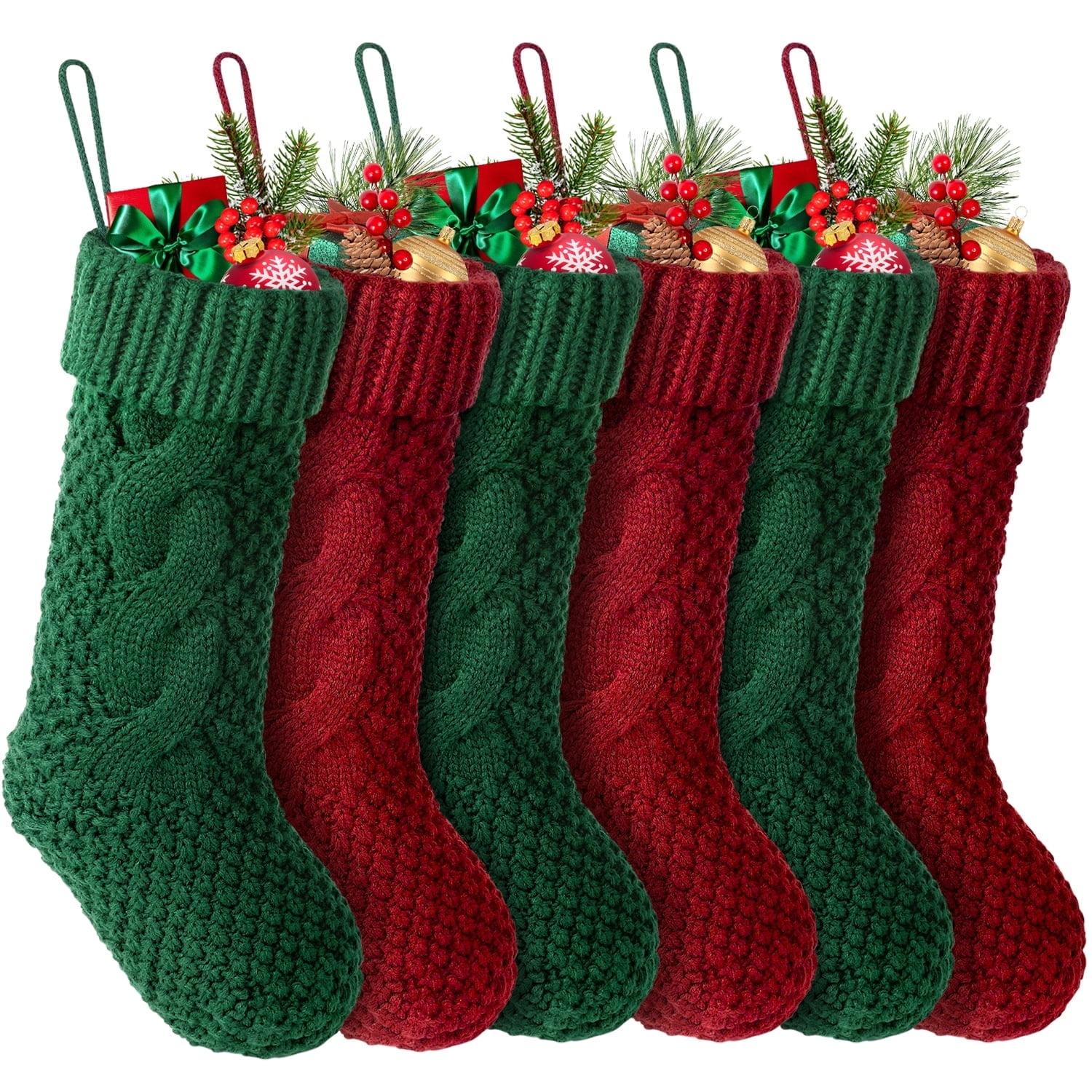 Ayieyill 6pcs Christmas Stockings Knitted Xmas Stockings Double-Sided 18 Inches Fireplace Stockings for Family Christmas Decorations (Burgundy, Green)