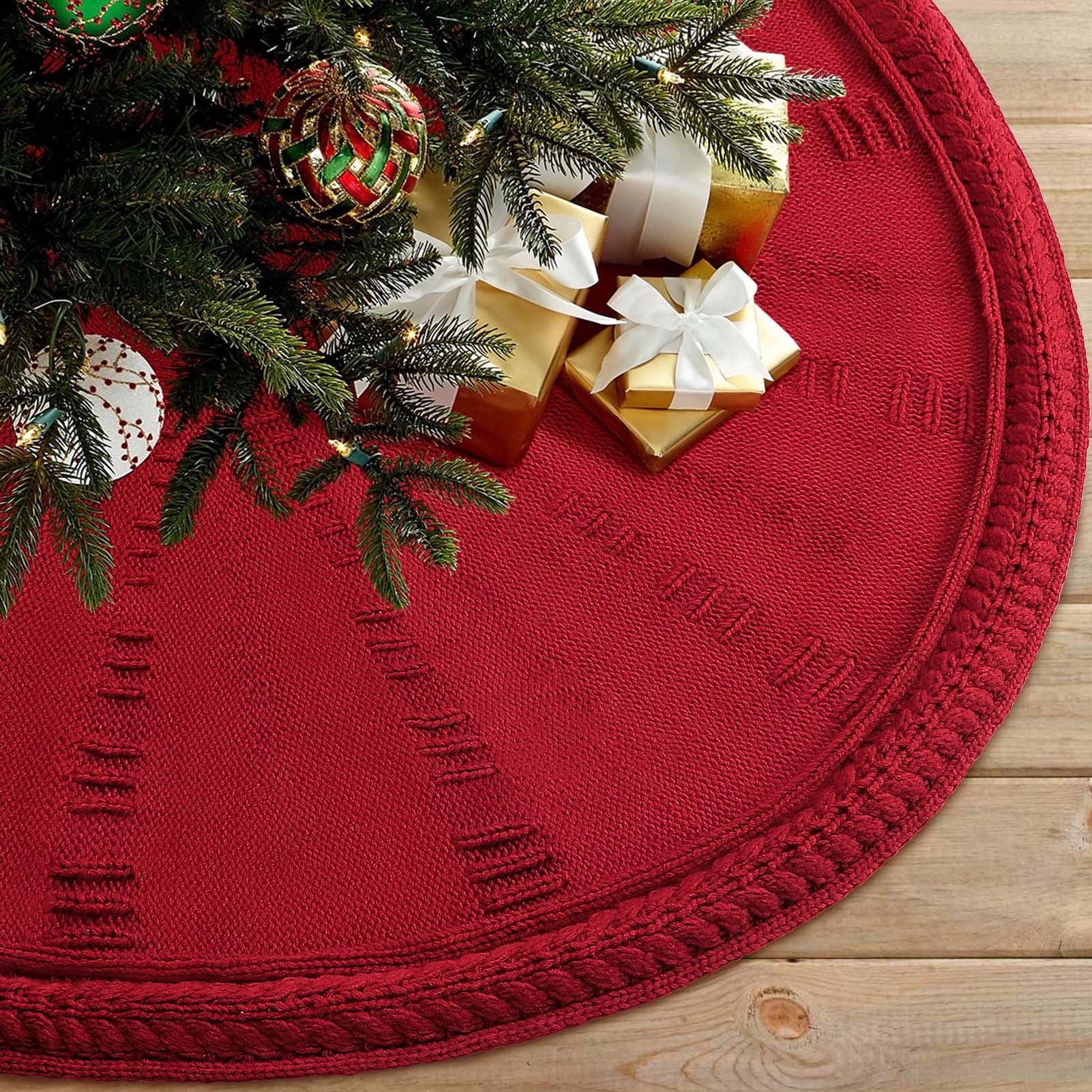 TETOU 48In Knitted Christmas Tree Skirt, Wine Red Tree Skirt, Braided Cable Knit Thick Rustic Christmas Tree Decorations, Farmhouse Christmas Decor Xmas Holiday Home Party Decorations