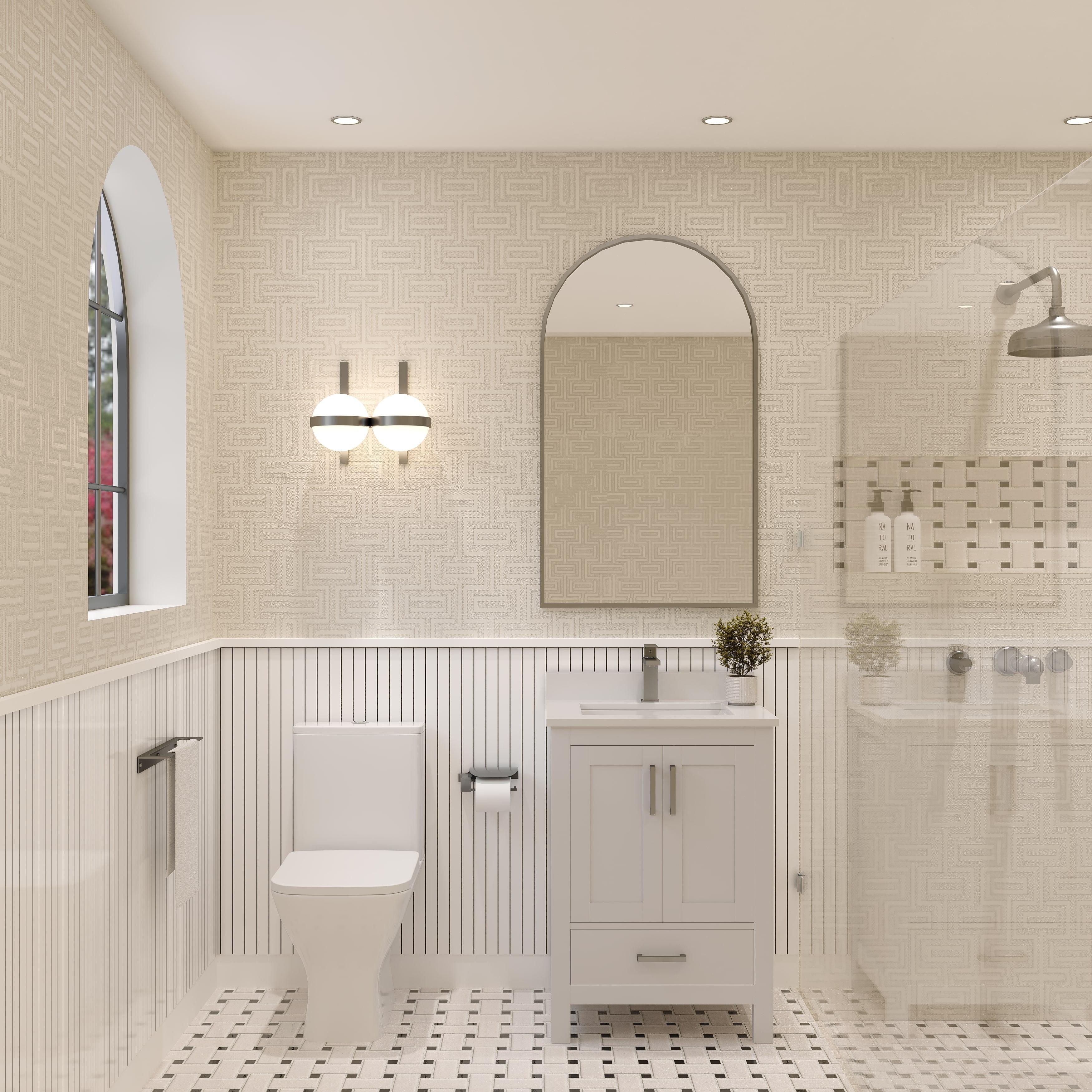 Ayna Decors Rooh 24 in White Bathroom Vanity Set with White Quartz Countertop | Ceramic Sink | 2 Soft Closing Doors | 1 Full Extention Soft Close Drawer | Brushed Nickel Hardware | AVR24WH3002