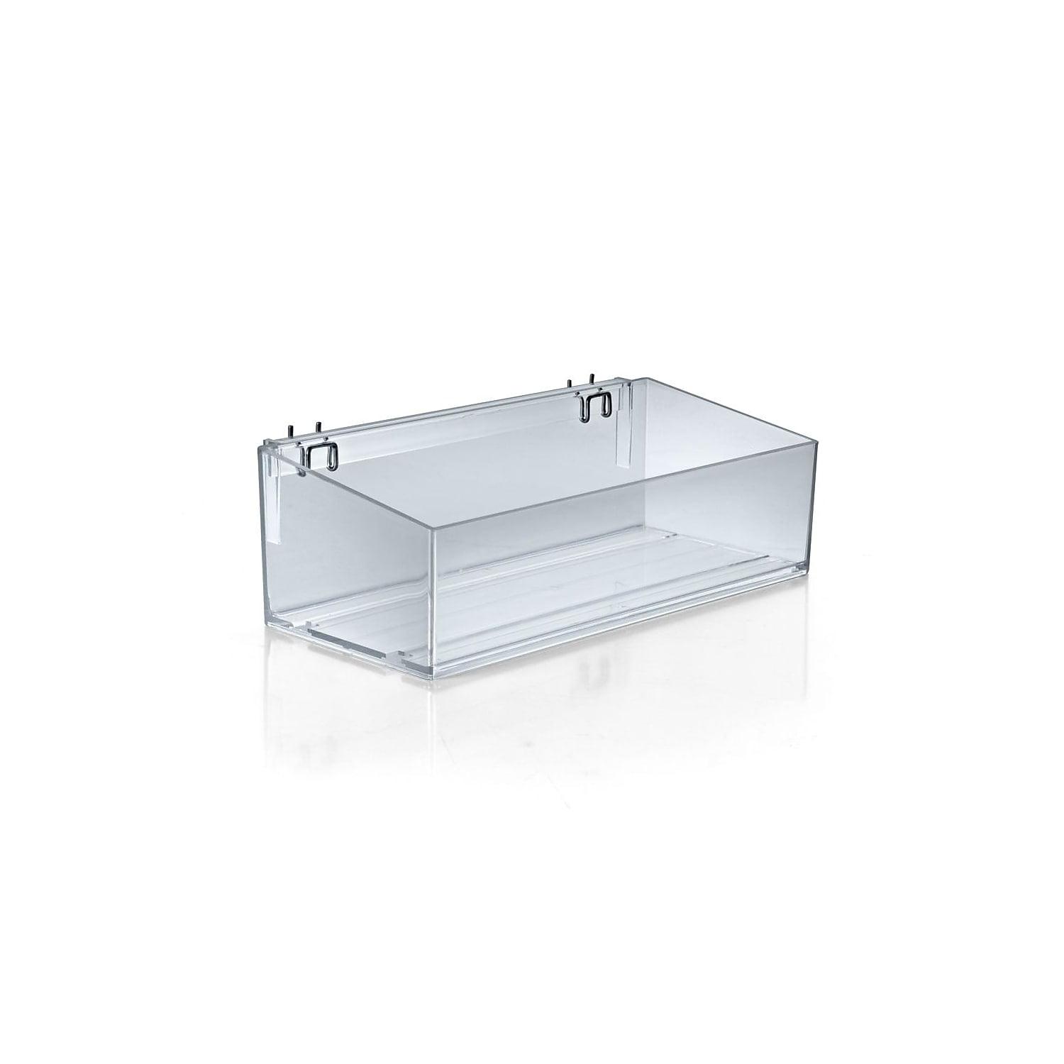 Clear 16” wide Open Bin Tray for Pegboard or Slatwall. Storage Container includes 2 Metal U-Hooks for hanging. Adjustable Slide In Dividers Sold Separately