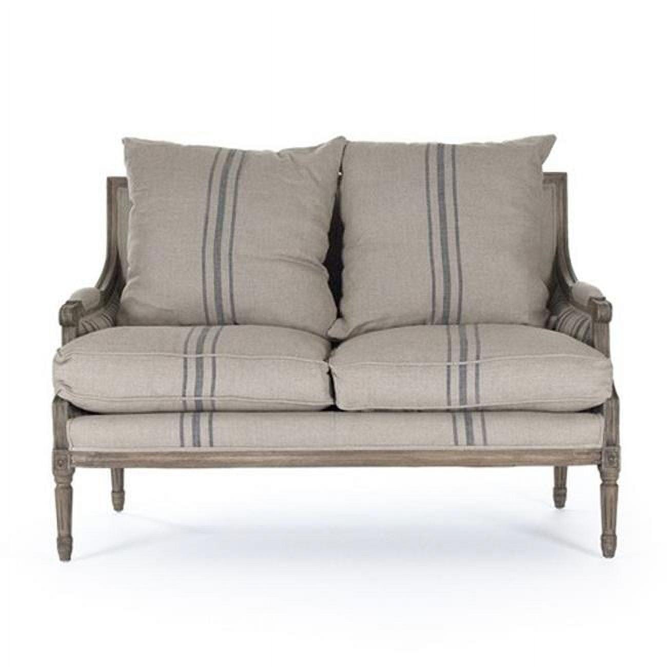 English Khaki Linen and Blue Stripe Louis Settee Loveseat