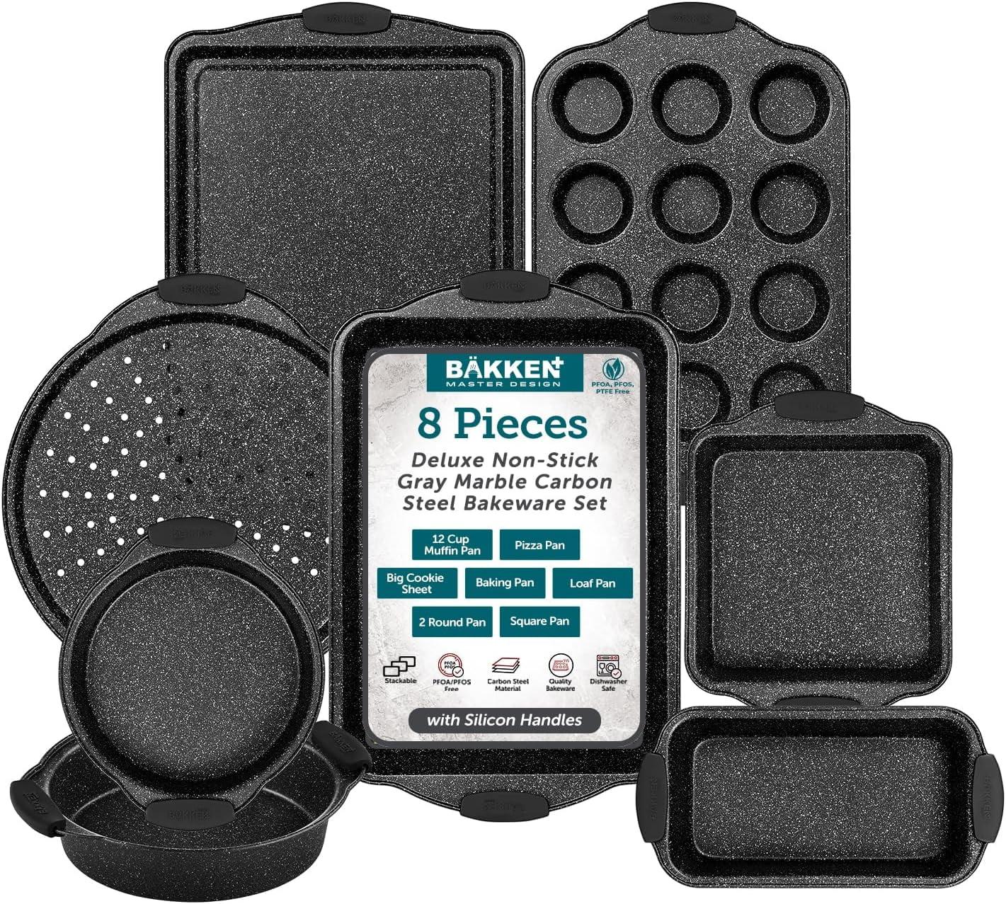 BAKKEN 8-Piece Kitchen Oven Baking Pans Set - Deluxe Nonstick Gray Marble Coating, Professional Grade Carbon Steel Bakeware with Silicone Handles