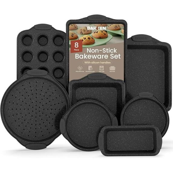 BAKKEN 8-Piece Kitchen Oven Baking Pans Set - Deluxe Nonstick Gray Marble Coating, Professional Grade Carbon Steel Bakeware with Silicone Handles