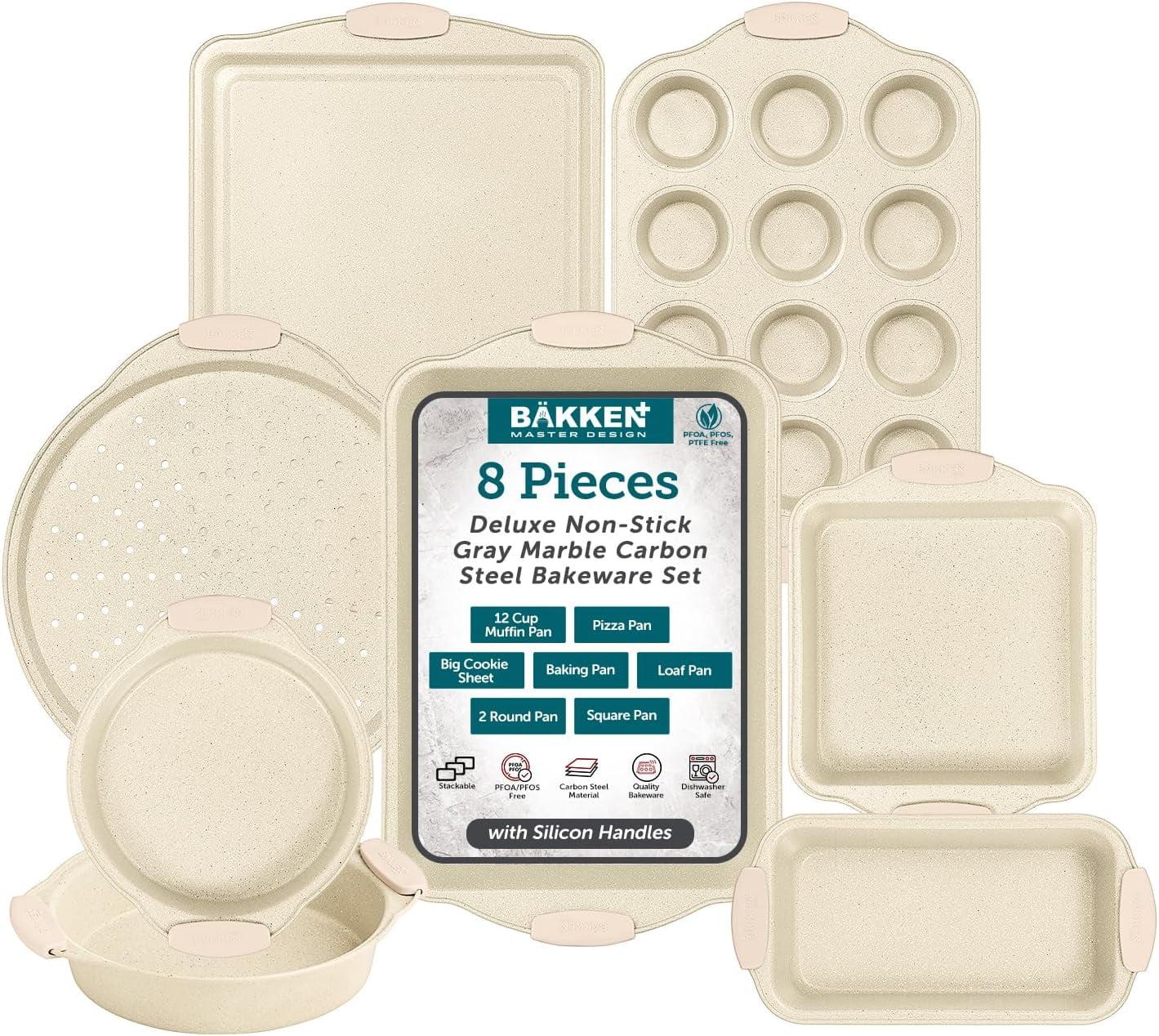 BAKKEN Deluxe 8-Piece Carbon Steel Bakeware Set - Nonstick White Marble Coating,
Silicone Handles - Professional Quality Kitchen Oven Baking Pans