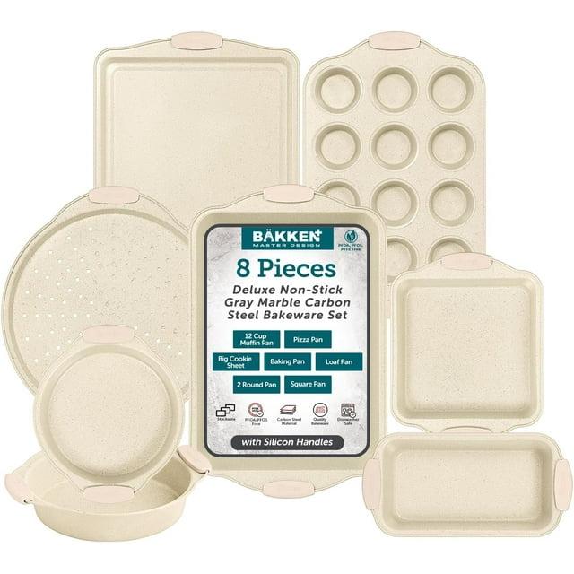 BAKKEN Deluxe 8-Piece Carbon Steel Bakeware Set - Nonstick White Marble Coating,
Silicone Handles - Professional Quality Kitchen Oven Baking Pans