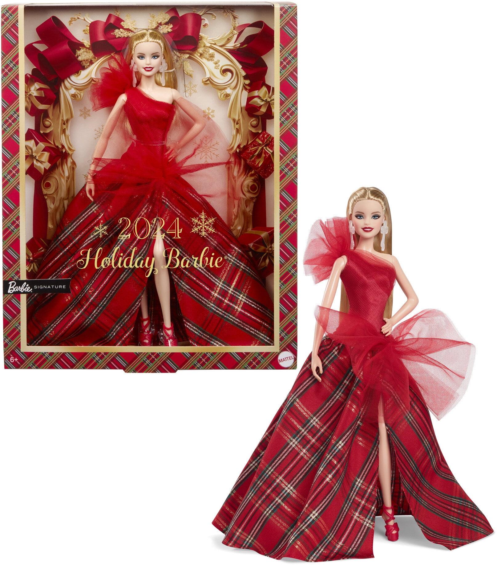 2024 Holiday Barbie Doll with Blonde Hair and Plaid Gown