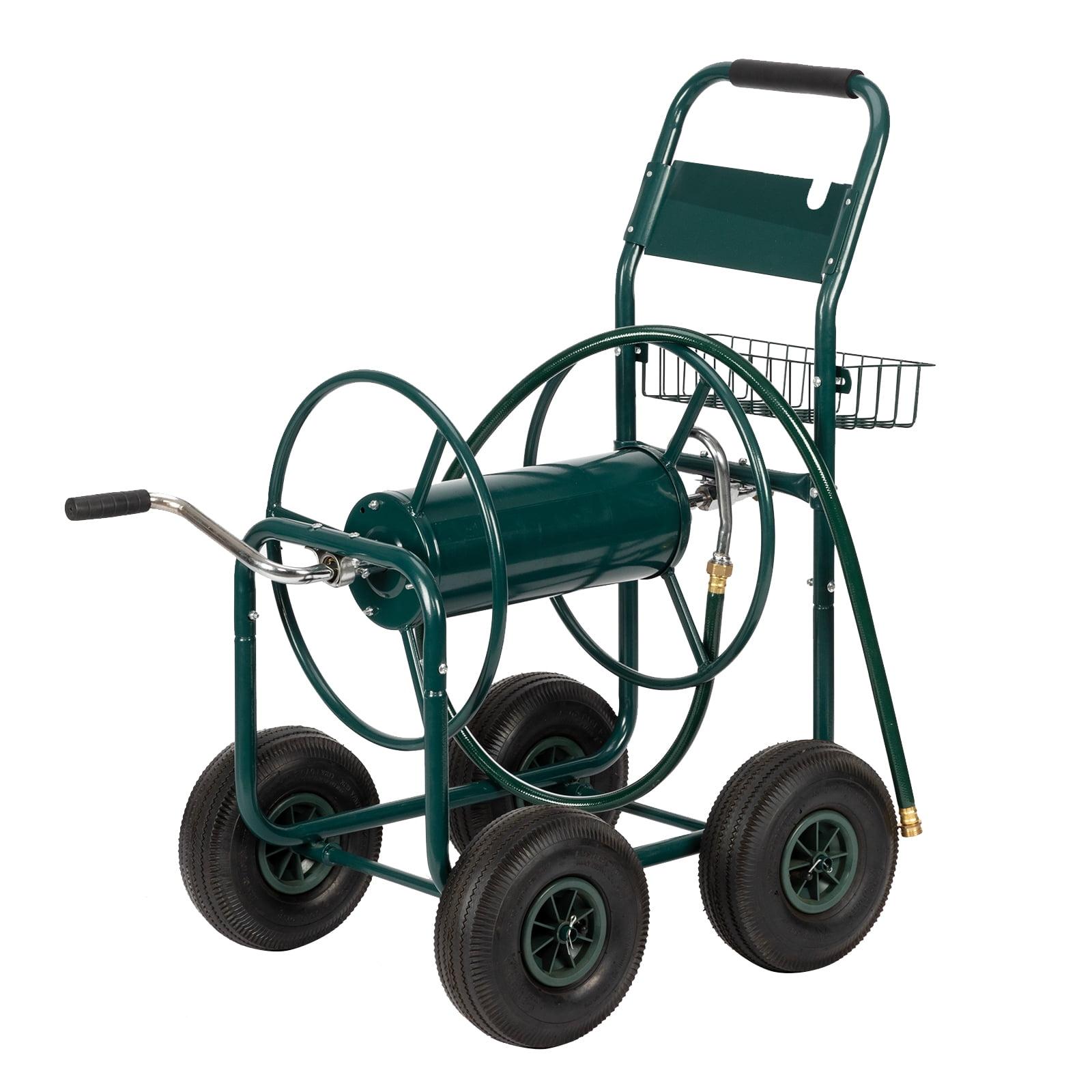 Green Heavy Duty 4-Wheel Garden Hose Reel Cart with Storage Basket