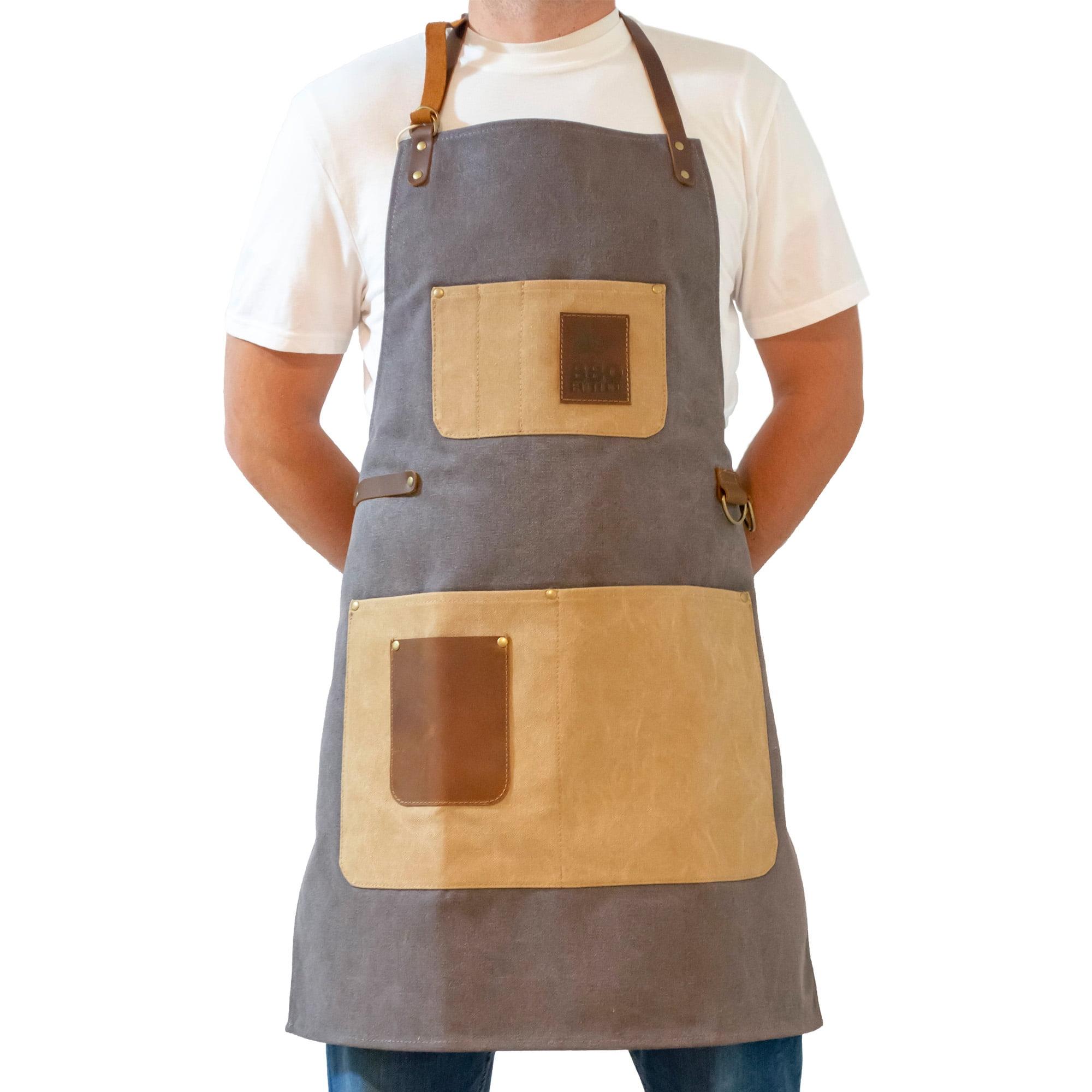 Gray and Beige Canvas and Leather Grilling Apron