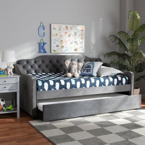 Twin Freda Velvet Fabric Upholstered Button Tufted Daybed with Trundle Gray - Baxton Studio: Mid-Century Modern, No Box Spring Required