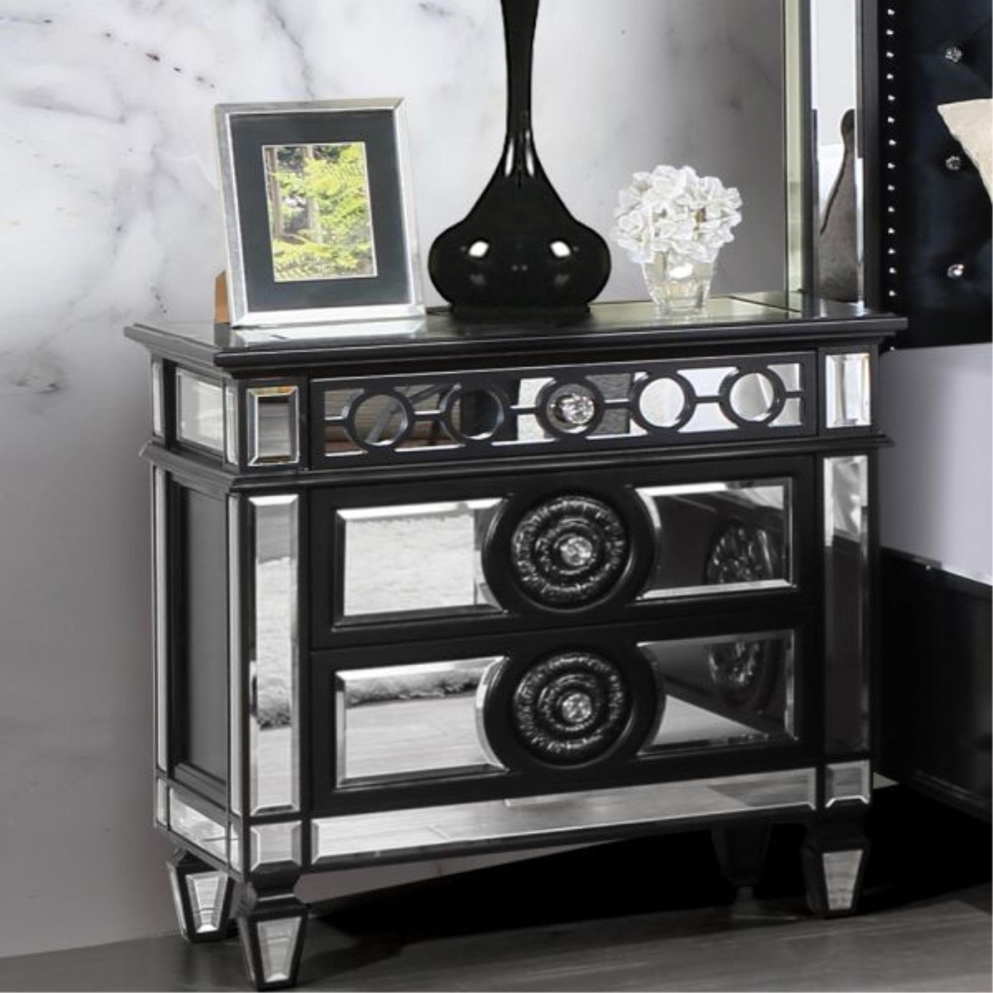 Elegant Black and Silver 3-Drawer Nightstand with Crystal Knobs