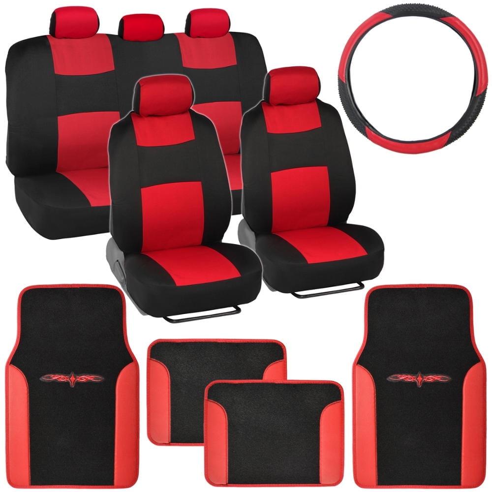 Red and Black PolyCloth Car Seat Covers with Floor Mats and Steering Wheel Cover Full Set