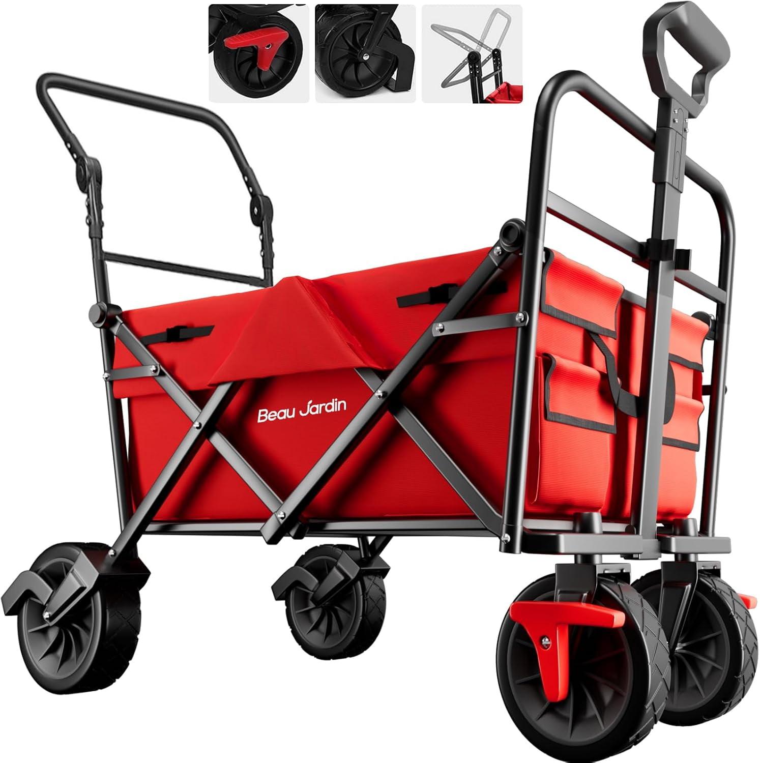 Red Collapsible Folding Beach Wagon with Alloy Steel Frame