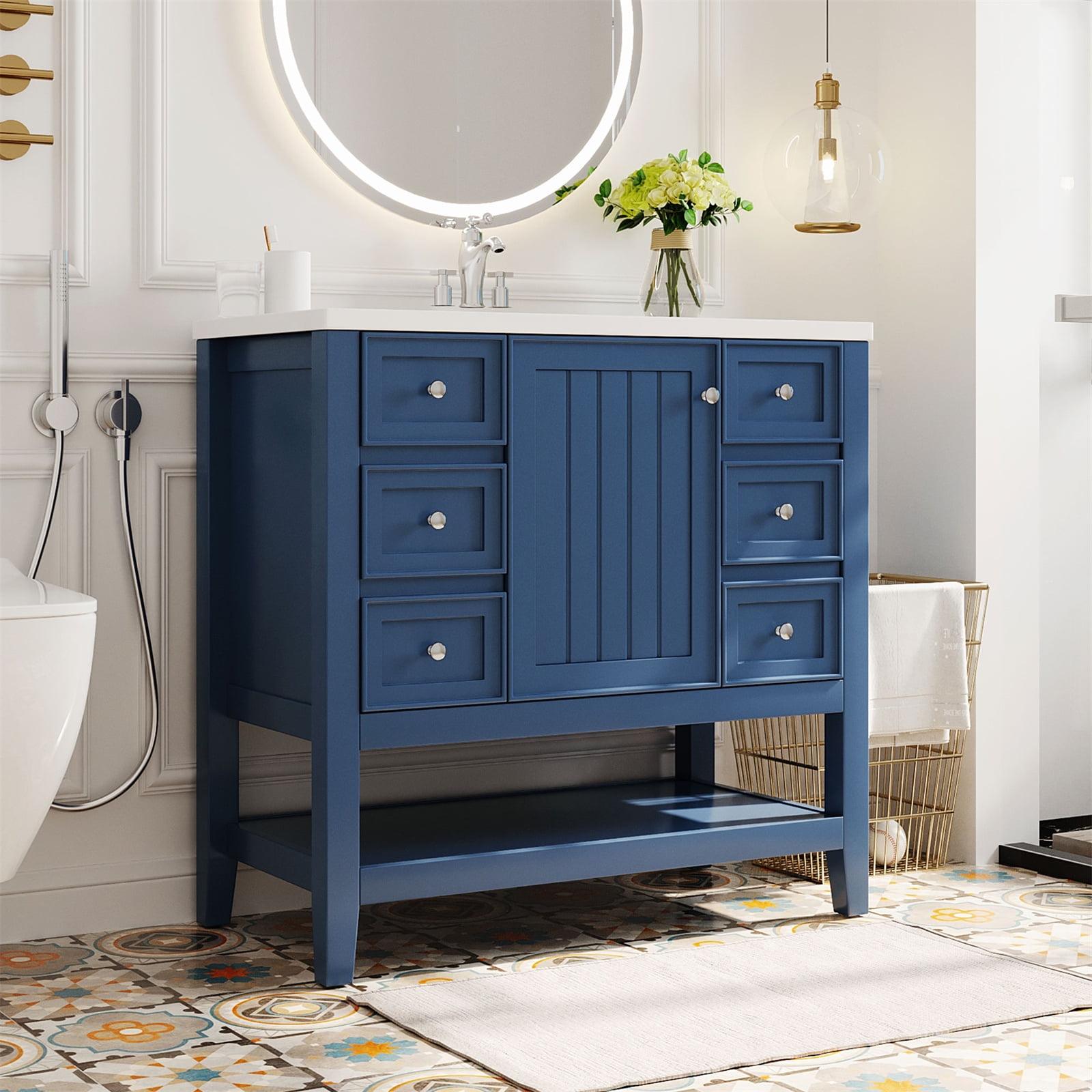 36'' Blue Solid Wood Bathroom Vanity with Ceramic Sink