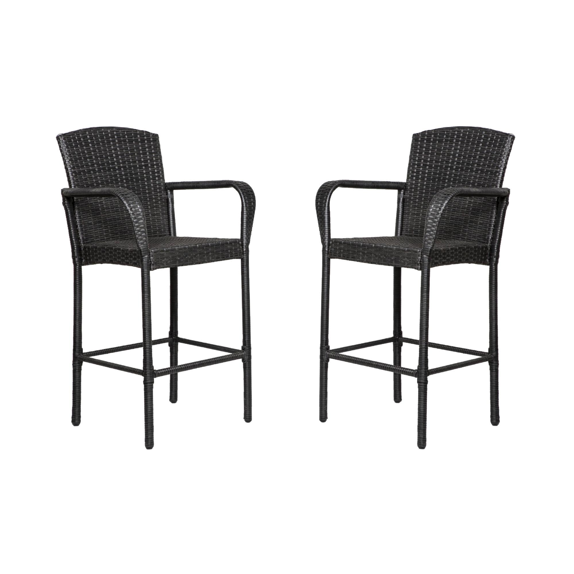 BELLA Outdoor Rattan Wicker Patio Bar Stool (Set of 2), Black