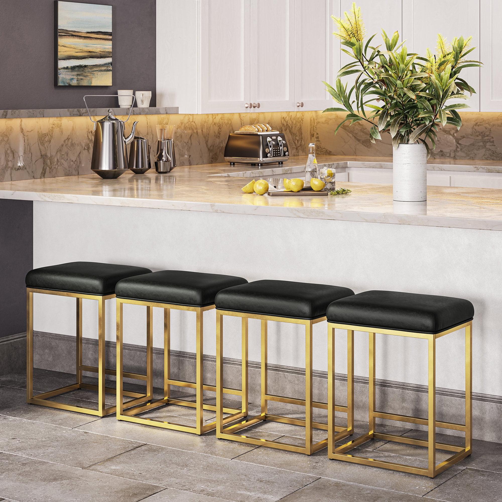 BELLEZE 24" Backless Bar Stools Set of 4, Counter Height Barstools, Modern Upholstered PU Leather Counter Stools with Metal Base Kitchen Island Chairs Dining Chair, Black & Gold