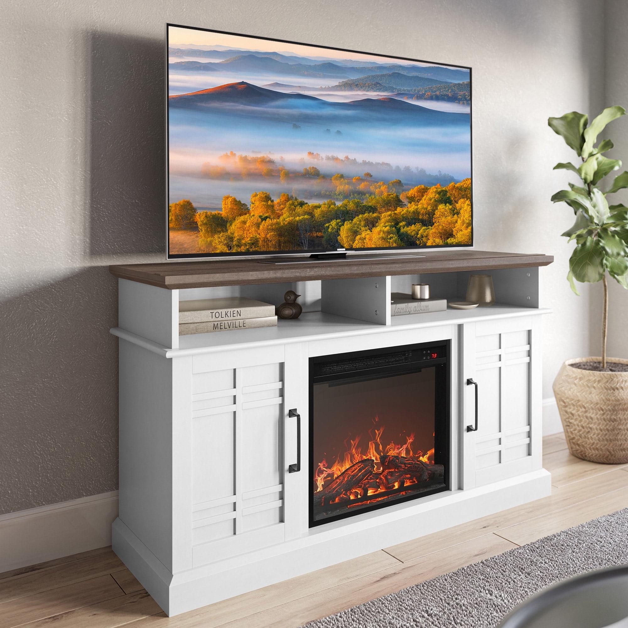 White Engineered Wood TV Stand with Electric Fireplace