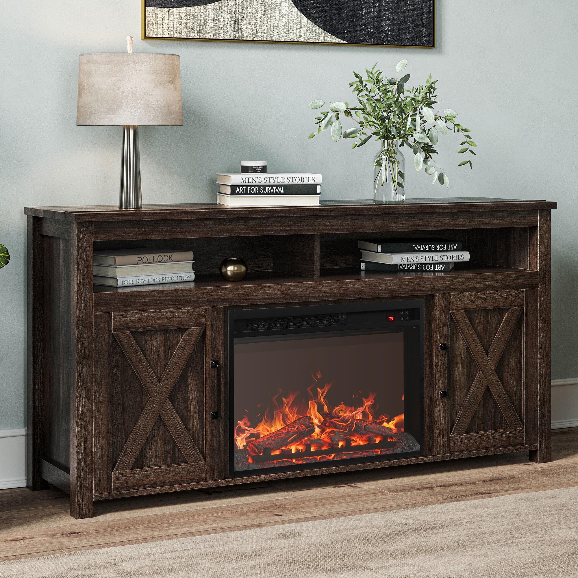 Dark Walnut 58" TV Stand with Infrared Fireplace and Storage