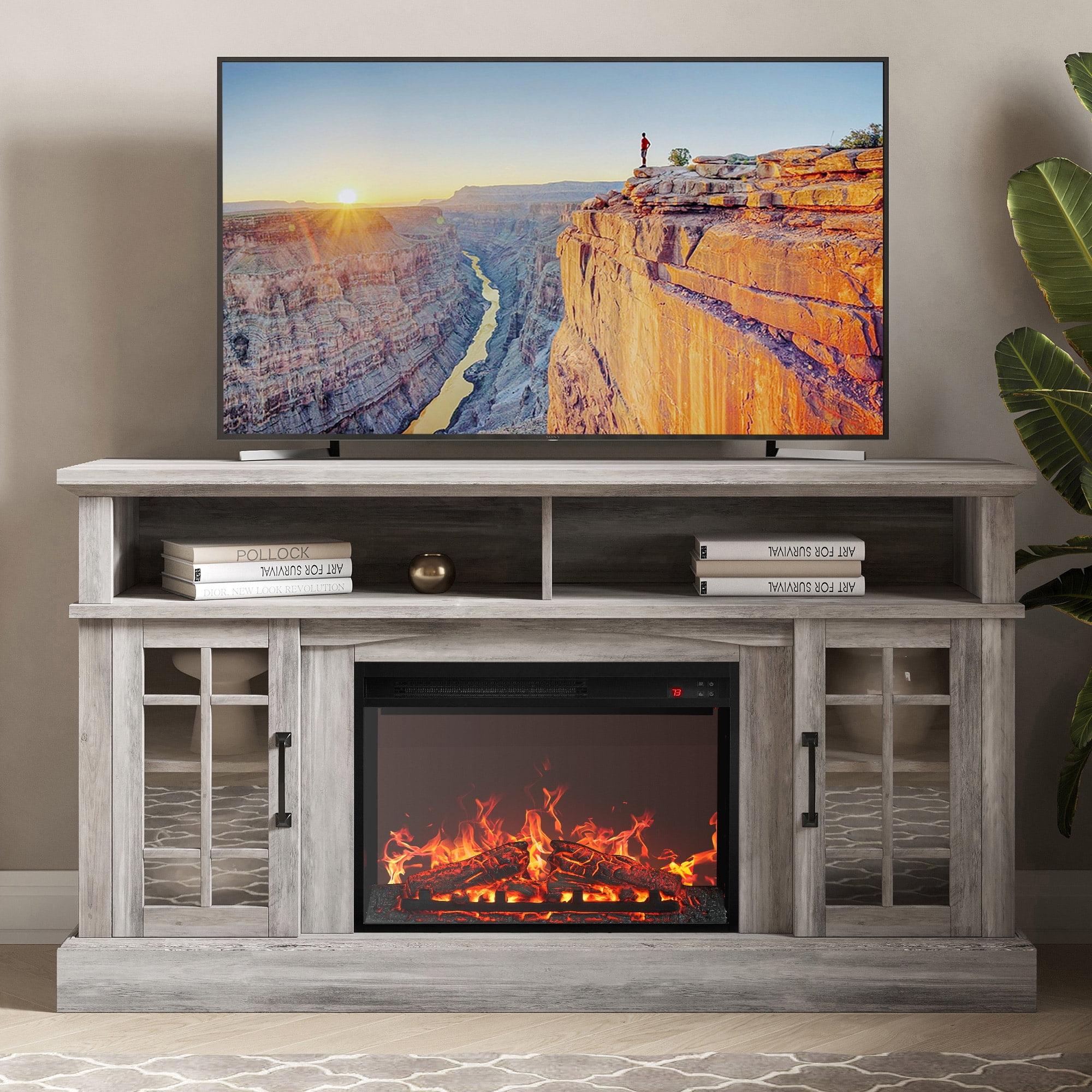 Gray Wash 58" TV Stand with Electric Fireplace and Cabinets