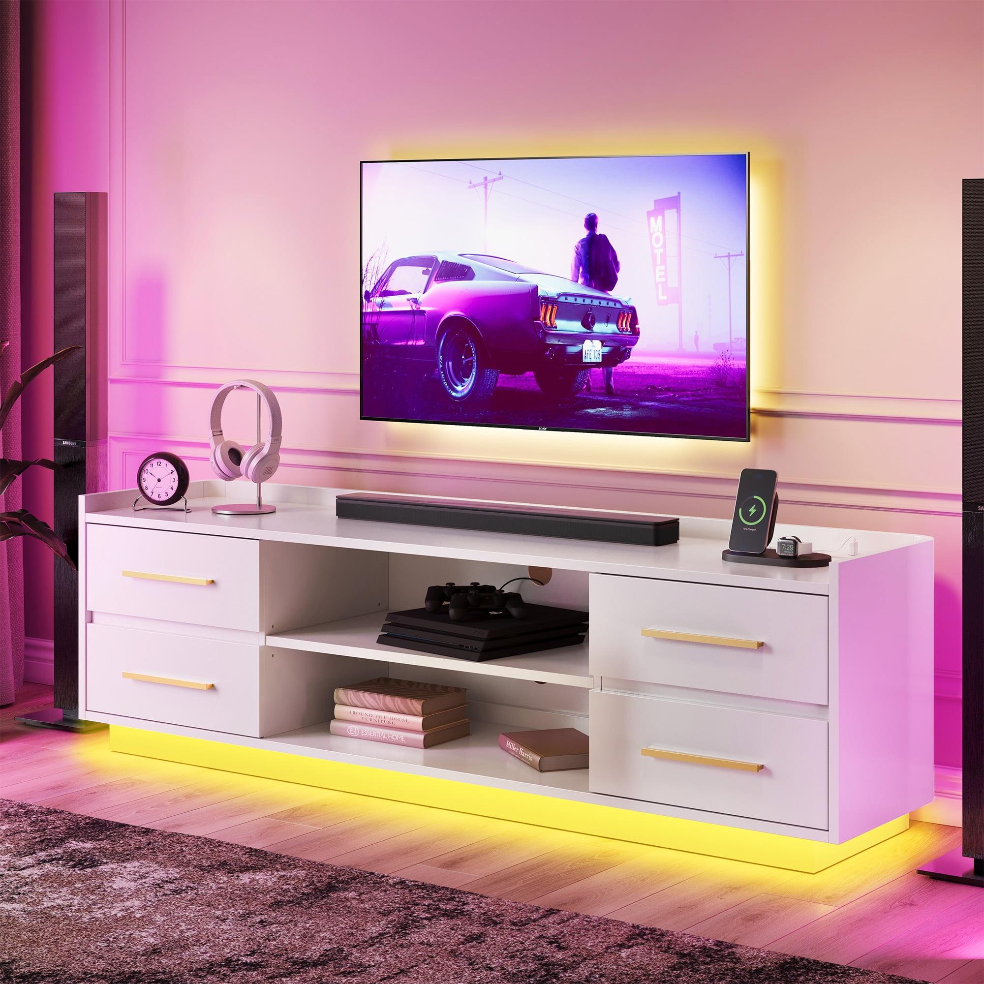 White 66" Modern TV Stand with LED Lights and Storage