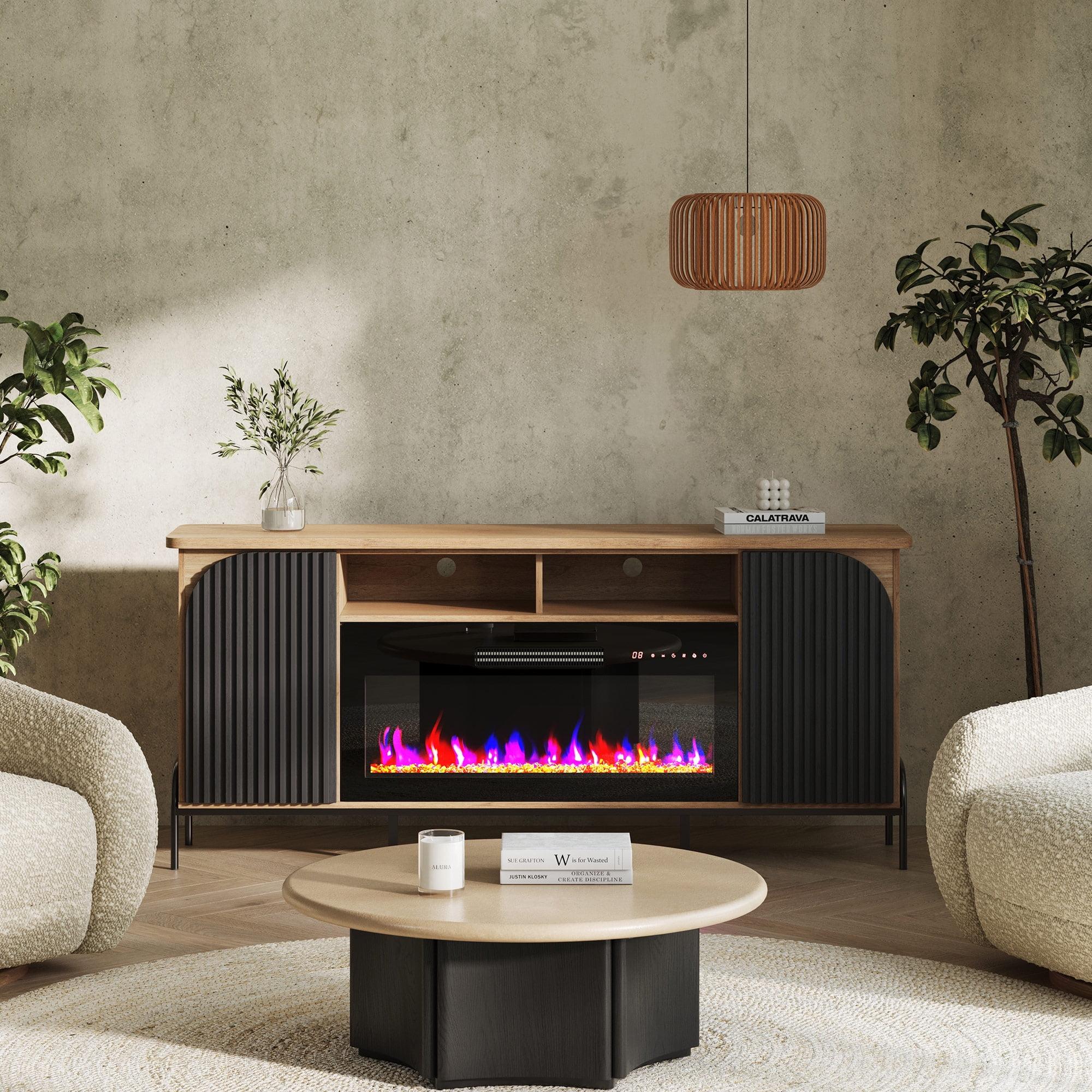 Belleze 68" Fluted TV Stand with 36" Electric Fireplace, Modern Entertainment Center with Storage for TVs Up to 75", Media Console with Curved Panel & Door