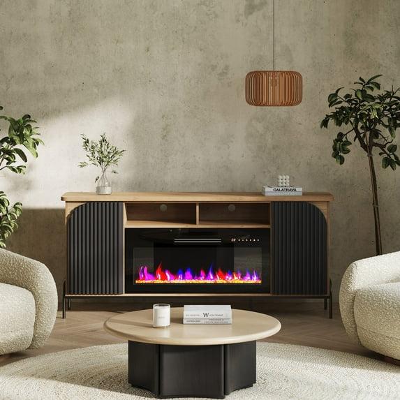 Belleze 68" Fluted TV Stand with 36" Electric Fireplace, Modern Entertainment Center with Storage for TVs Up to 75", Media Console with Curved Panel & Door