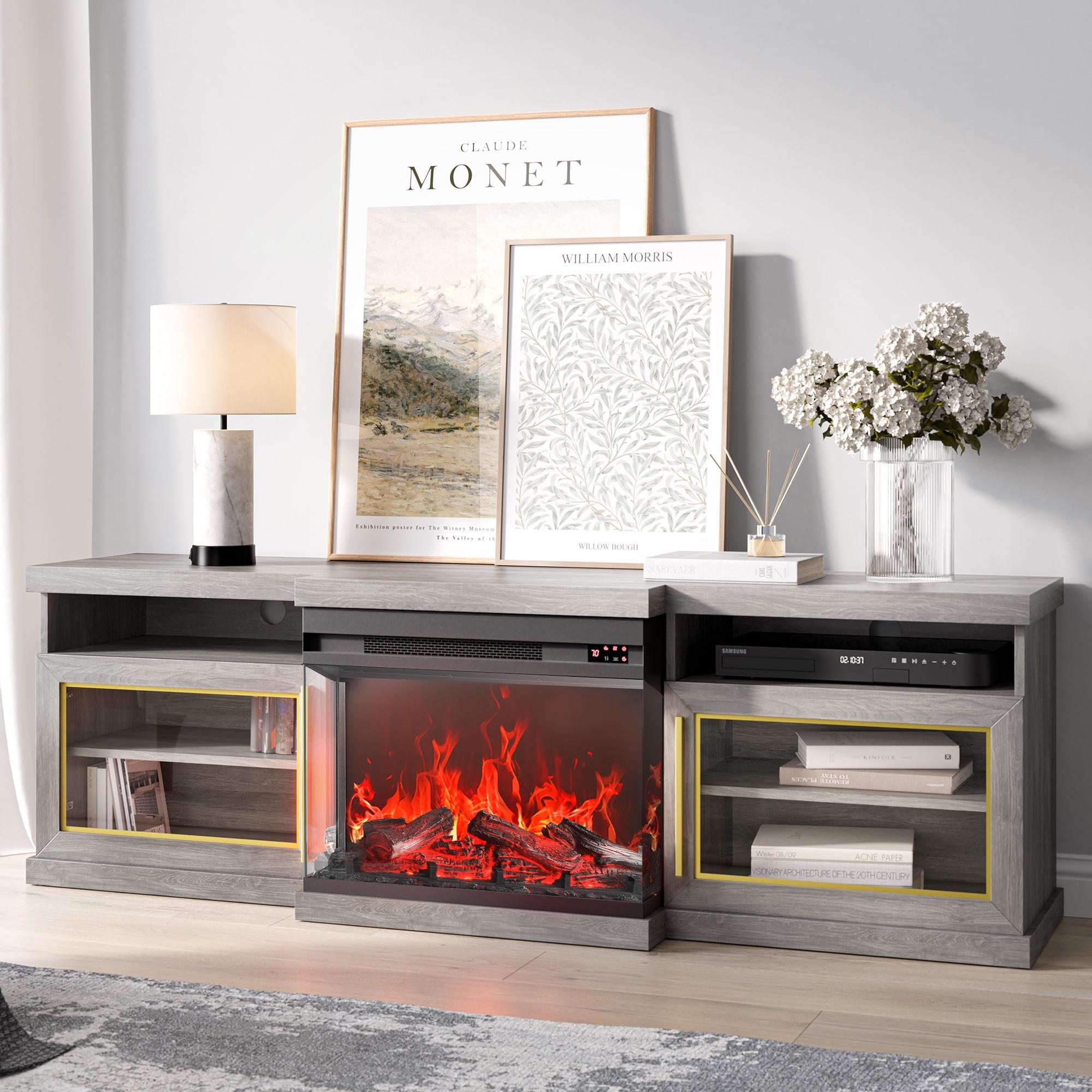 BELLEZE 68" TV Stand with 23" Electric Fireplace, Entertainment Center for TVs Up to 75", Glass Door Storage Cabinet with 3-Side Glass Display Fireplace for Living Room, Bedroom - Bardot (Grey)