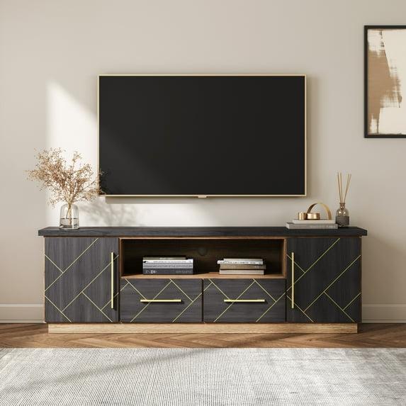 BELLEZE 70 Inch Modern TV Stand with Gold Trim, Elegant Entertainment Center with Storage, Media Console Table with Drawers & Open Shelves for Living Room, Bedroom, Home Theater (Espresso Black)