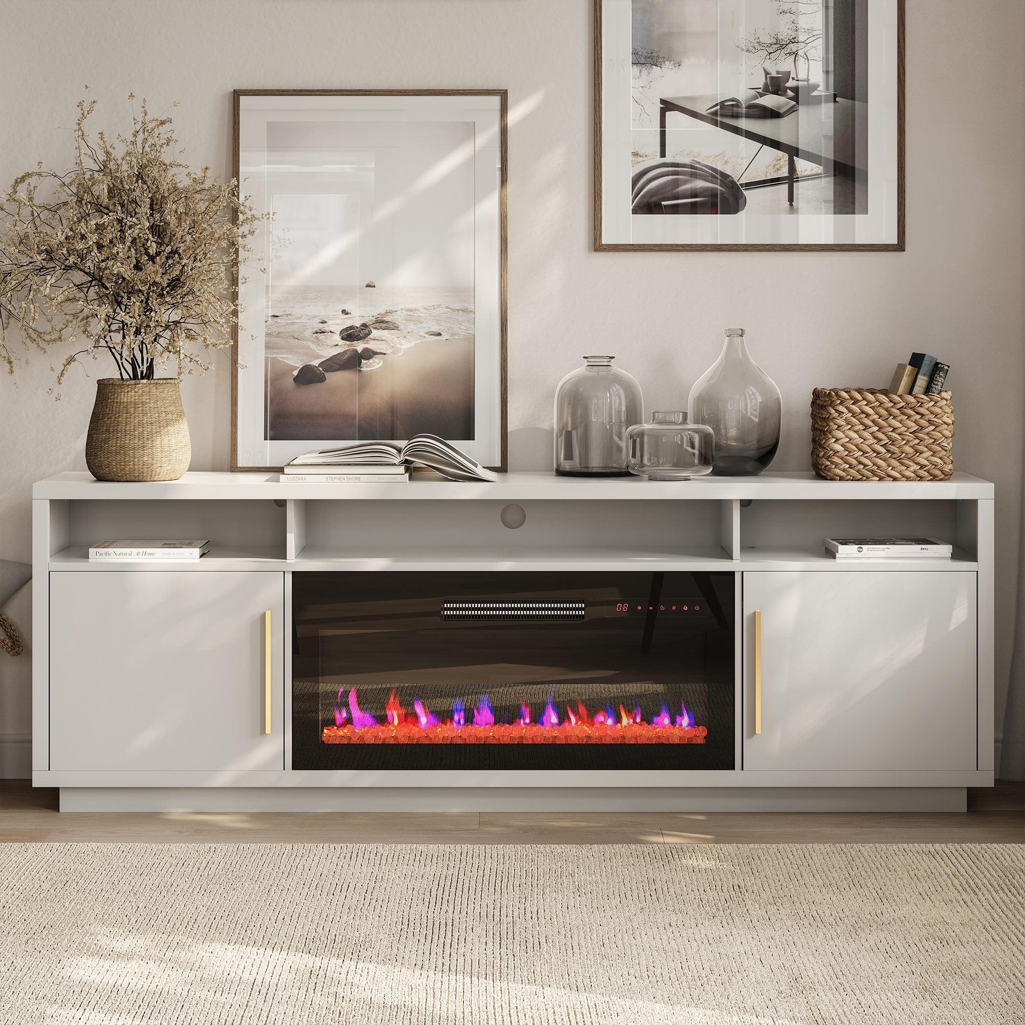 Ivy Bronx Modern 79" Fireplace TV Stand for TVs Up to 85" with Cat Litter Box,LED Light Entertainment Center With 36" Electric Fireplace and Graphene Heating