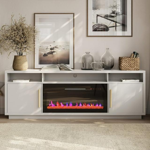 Ivy Bronx Modern 79" Fireplace TV Stand for TVs Up to 85" with Cat Litter Box,LED Light Entertainment Center With 36" Electric Fireplace and Graphene Heating