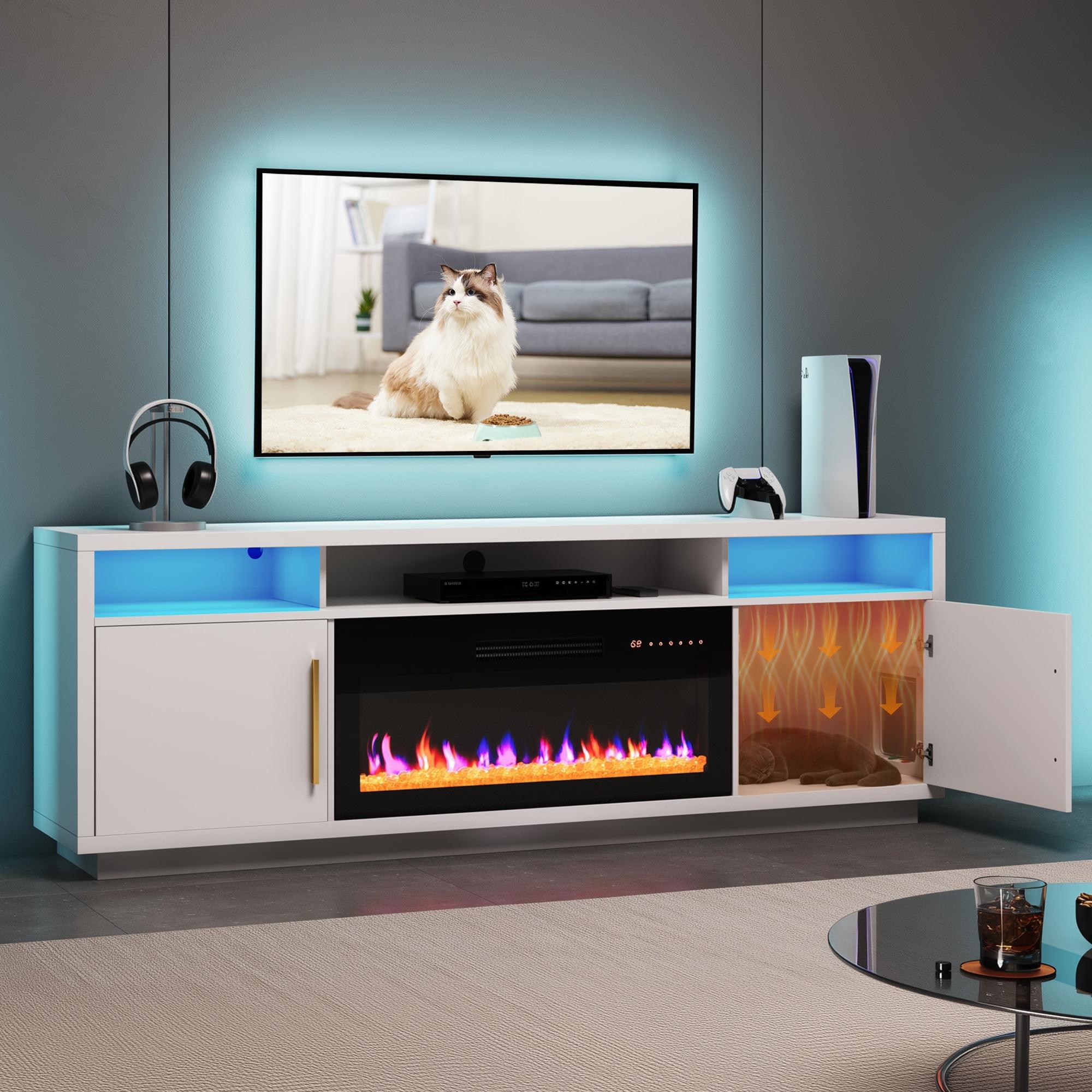 Ivy Bronx Modern 79" Fireplace TV Stand for TVs Up to 85" with Cat Litter Box,LED Light Entertainment Center With 36" Electric Fireplace and Graphene Heating