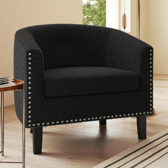 BELLEZE Accent Barrel Chair, Modern Tub Club Chair Upholstered Armchair for Living Room, Accent Chair with Silver Nail Head Trim Black Legs - Kyara (Black/Polyester)