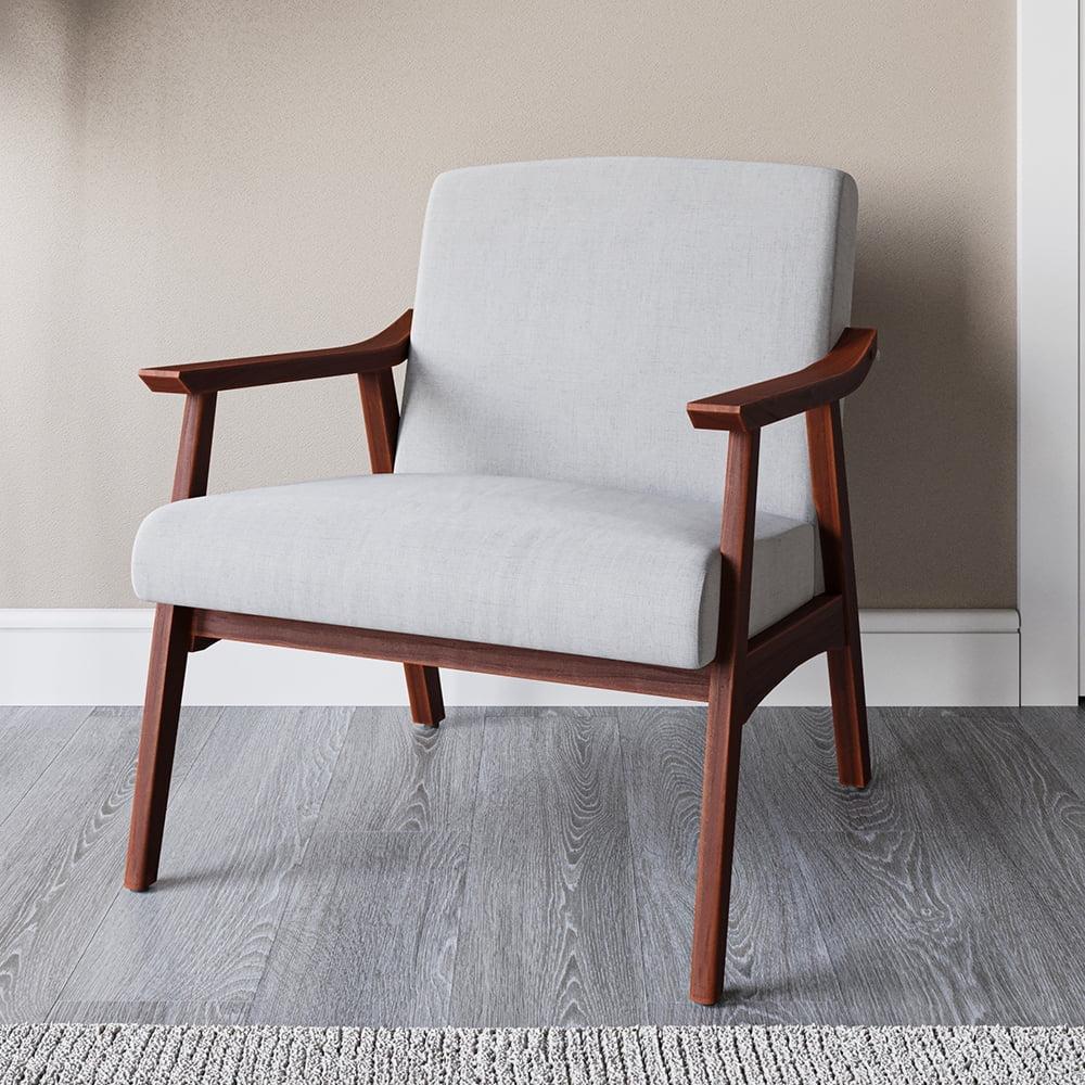 Light Gray Linen Mid-Century Modern Accent Chair with Walnut Frame