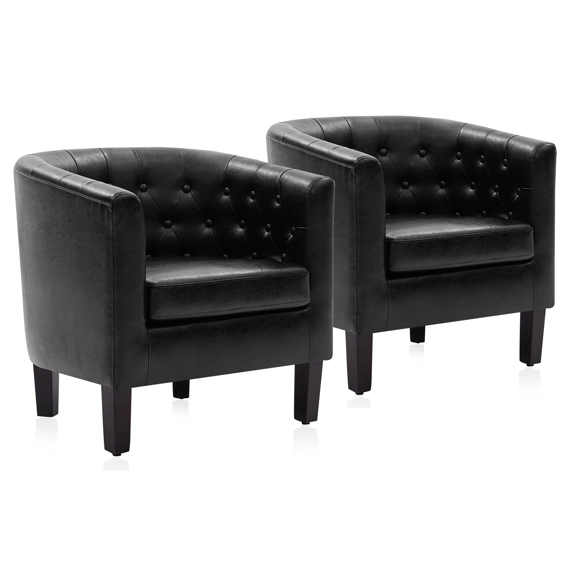 Black Faux Leather Barrel Accent Chair with Solid Wood Legs, Set of 2