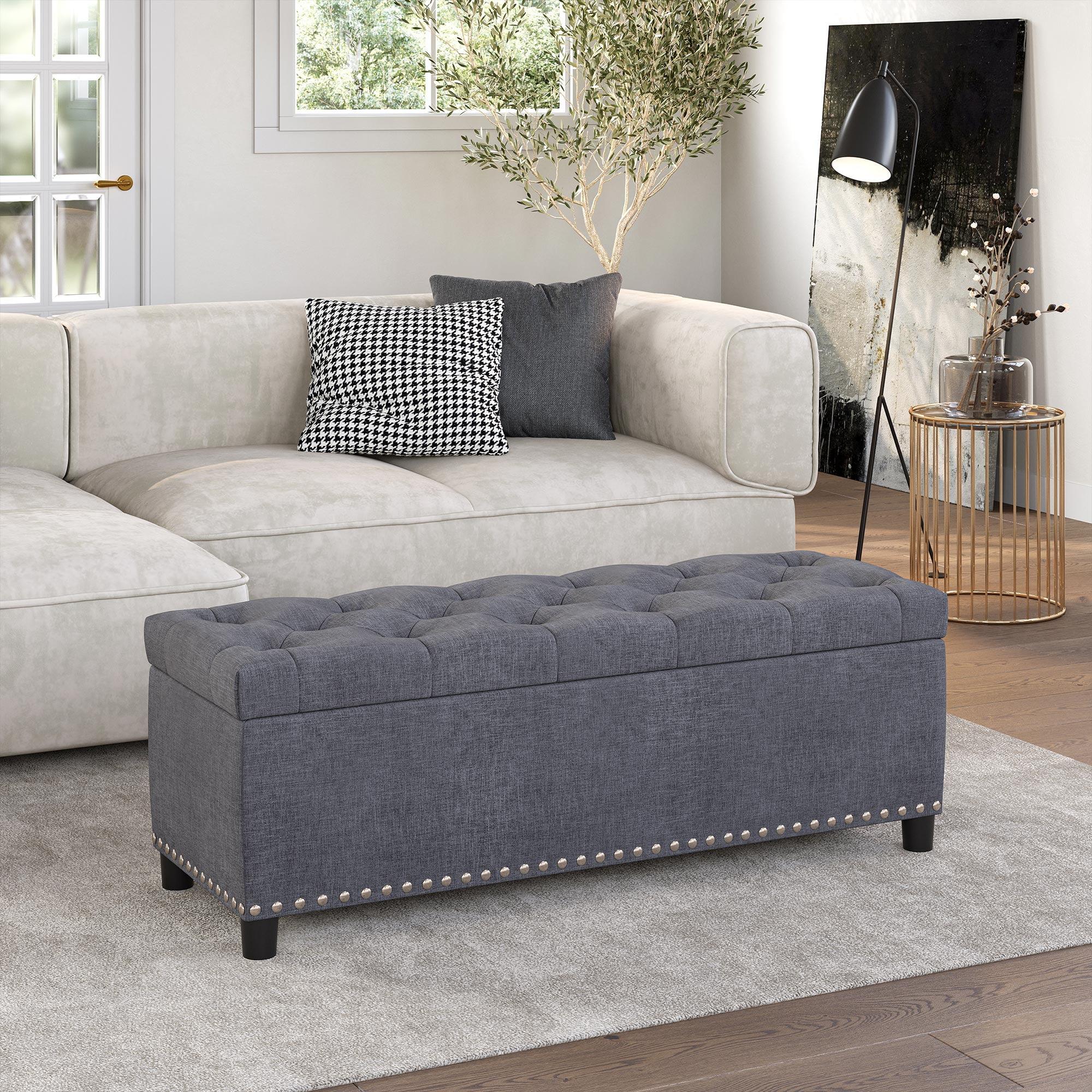 Gray Linen Tufted Storage Ottoman Bench with Nailhead Trim