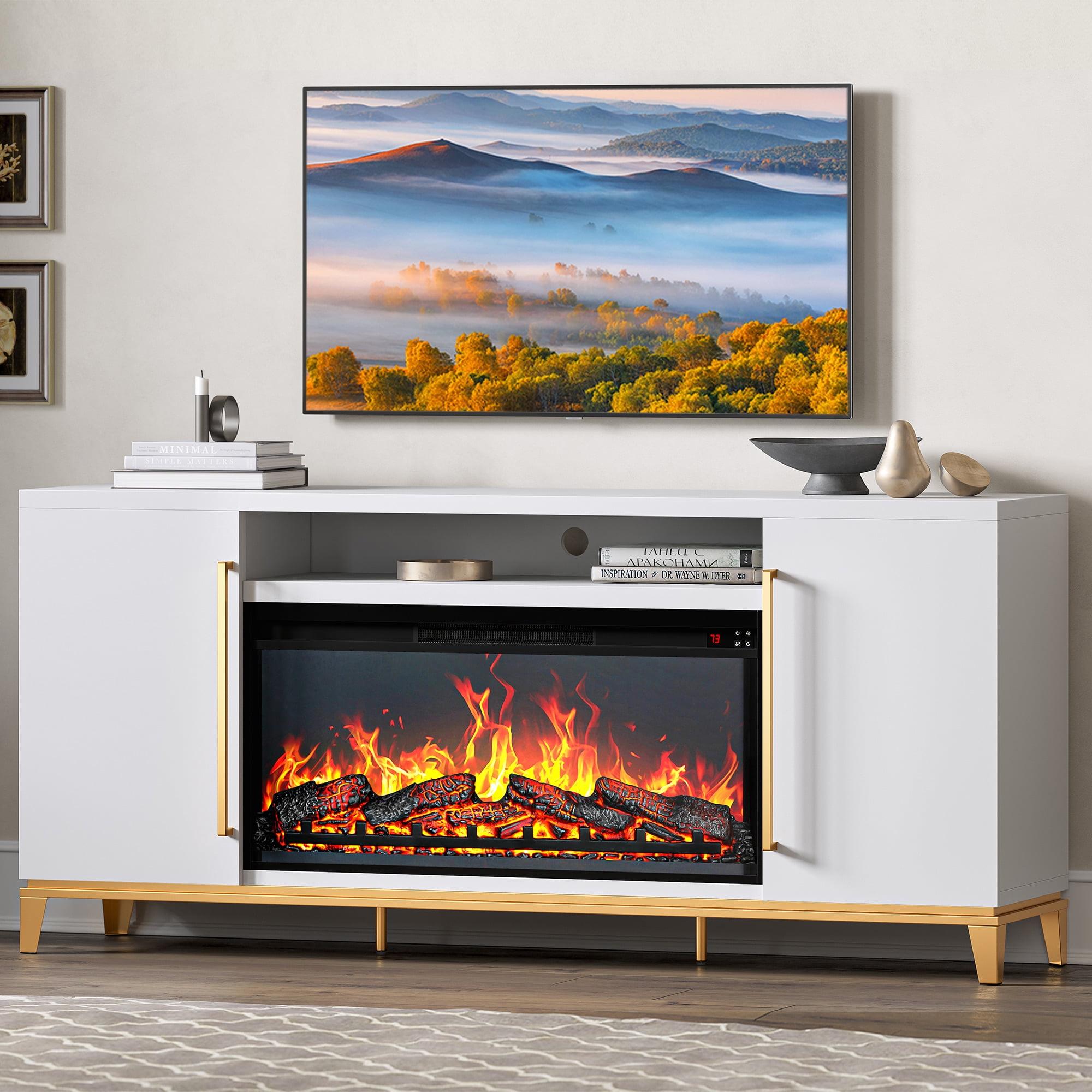 BELLEZE Fireplace TV Stand with 36" Electric Fireplace, Entertainment Center for TVs Up to 75", TV Console with Storage Cabinet and Open Shelf for Living Room, Bedroom - London (White)