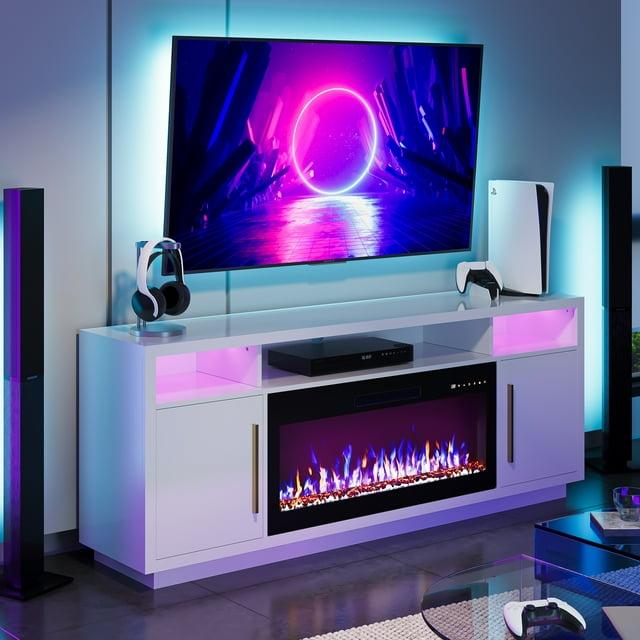 BELLEZE Soporte para Televisor con Chimenea para Televisores de hasta 75", Centro de Entretenimiento con Chimenea Eléctrica de 36", Iluminación Ambiental LED y Almacenamiento, Mesa Consola Multimedia de 69 Pulgadas - Avenue (Blanco)