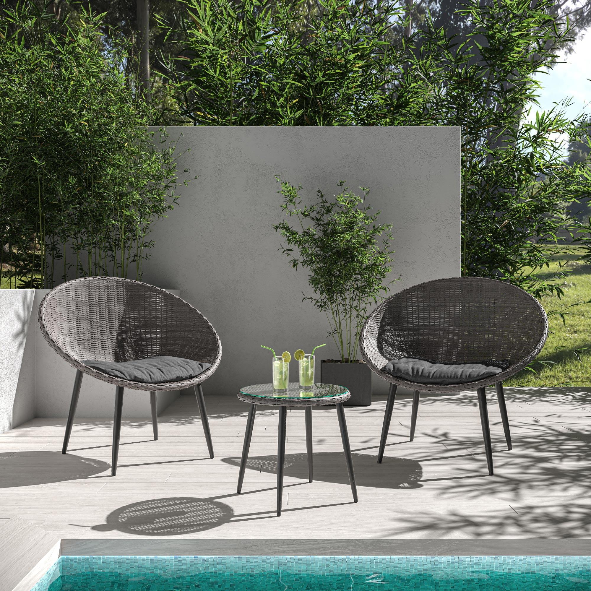 BELLEZE Hitia Wicker Patio 3-Piece Wicker Outdoor Bistro Set with Cushions, Gray / Gray