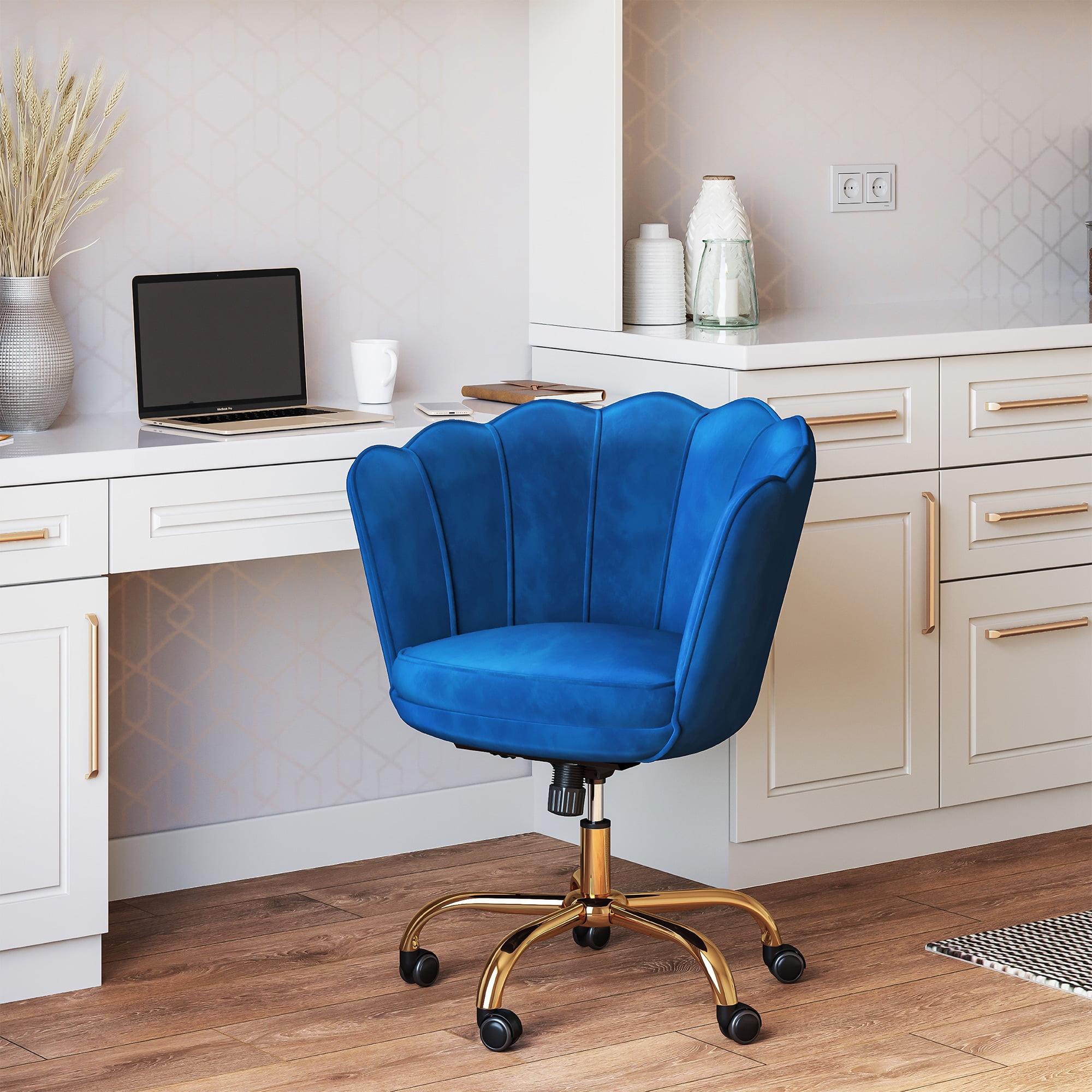 BELLEZE Kaylee Office Chair Upholstered Velvet Seashell Swivel Desk Chair Task Chair Height Adjustable Golden Leg, Blue