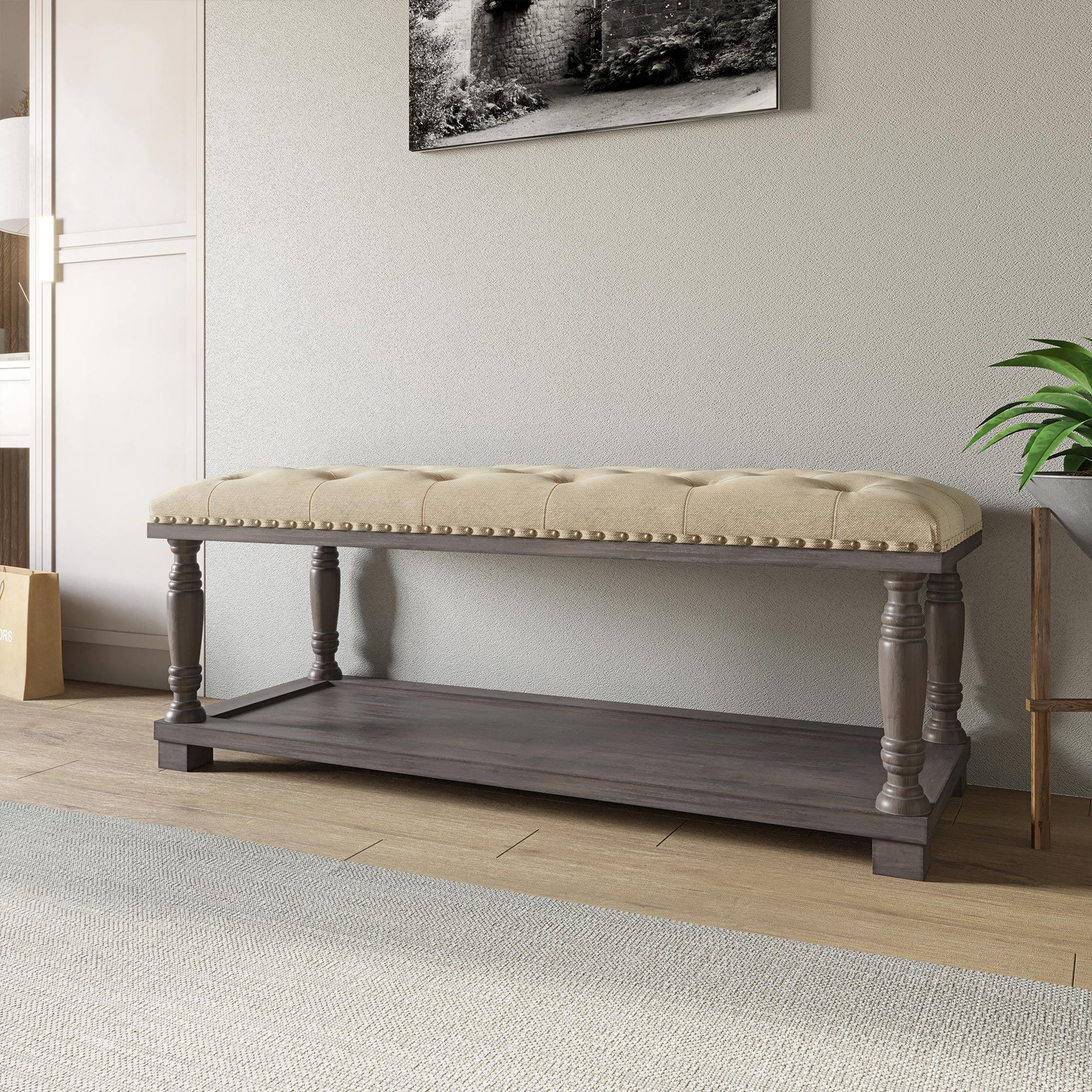 Beige Linen Tufted Ottoman Bench with Storage Shelf