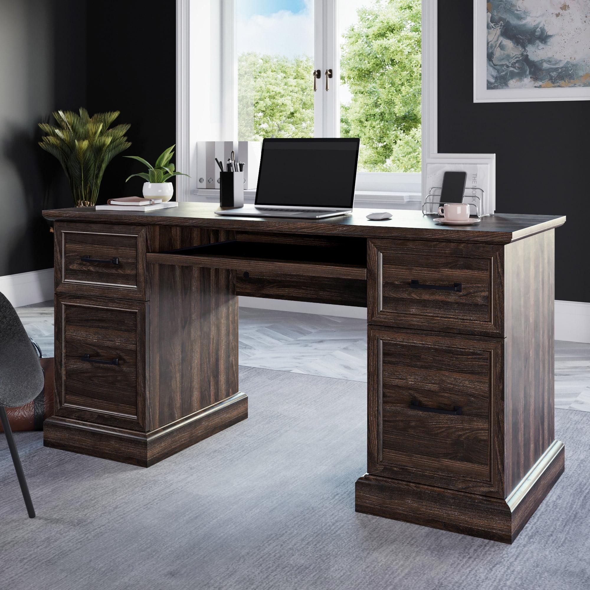 Executive Rhudi Dark Walnut Glass-Top Desk with File Storage