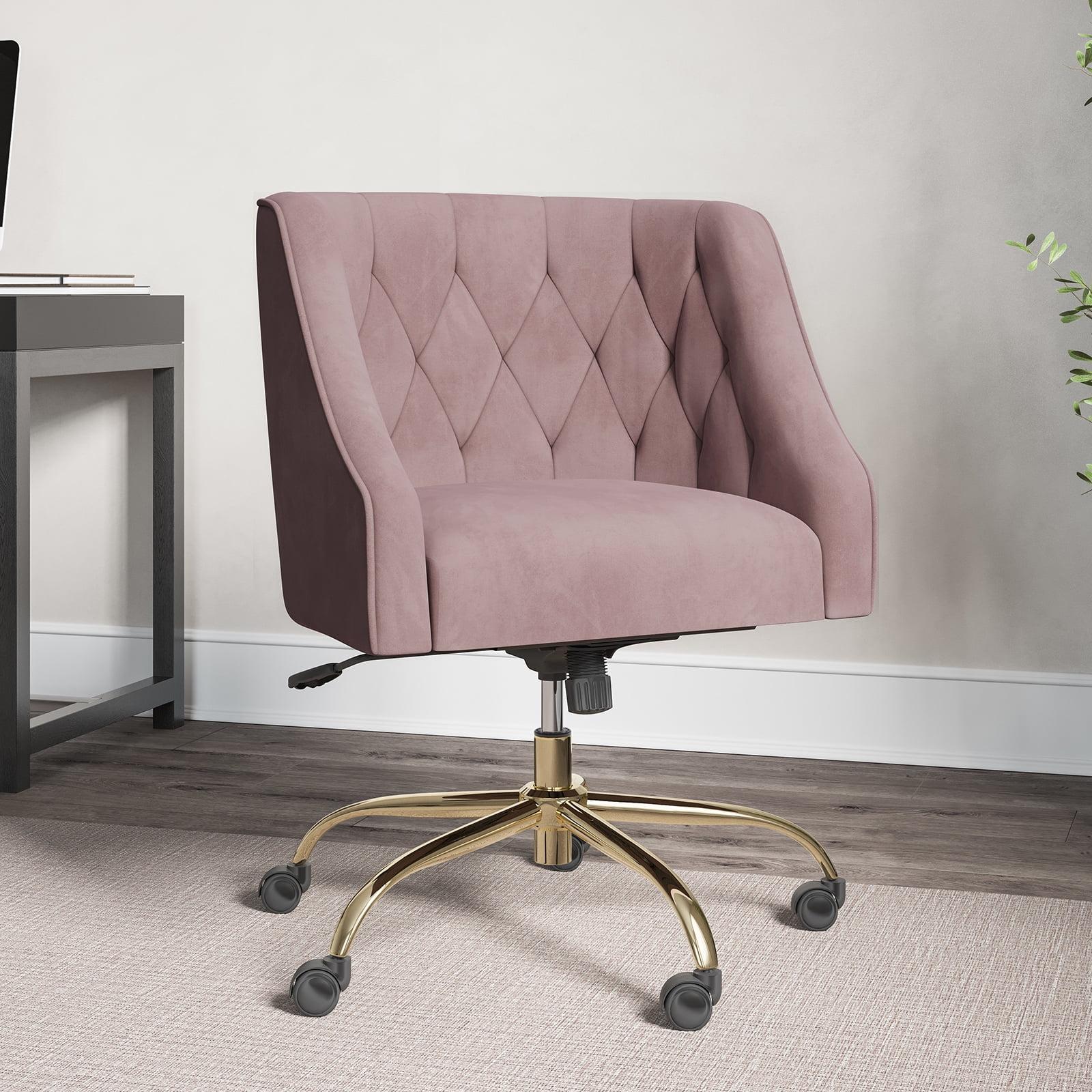 Braelynn Pink Velvet Tufted Swivel Office Chair with Metal Base