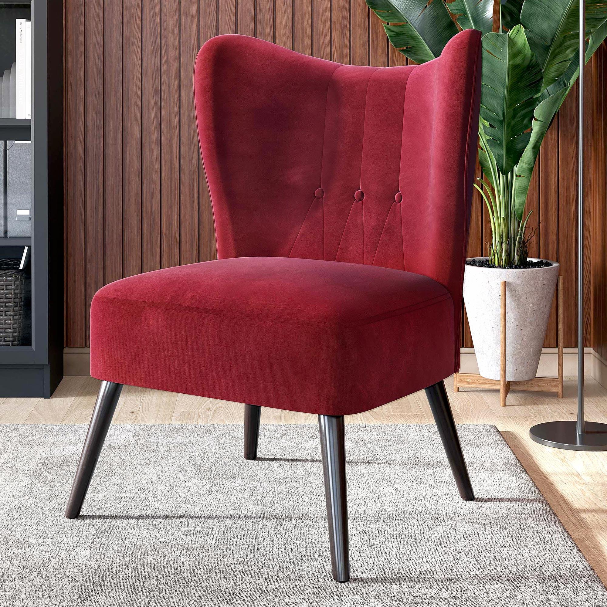 Elegant Red Velvet Wingback Slipper Chair with Tufted Detail