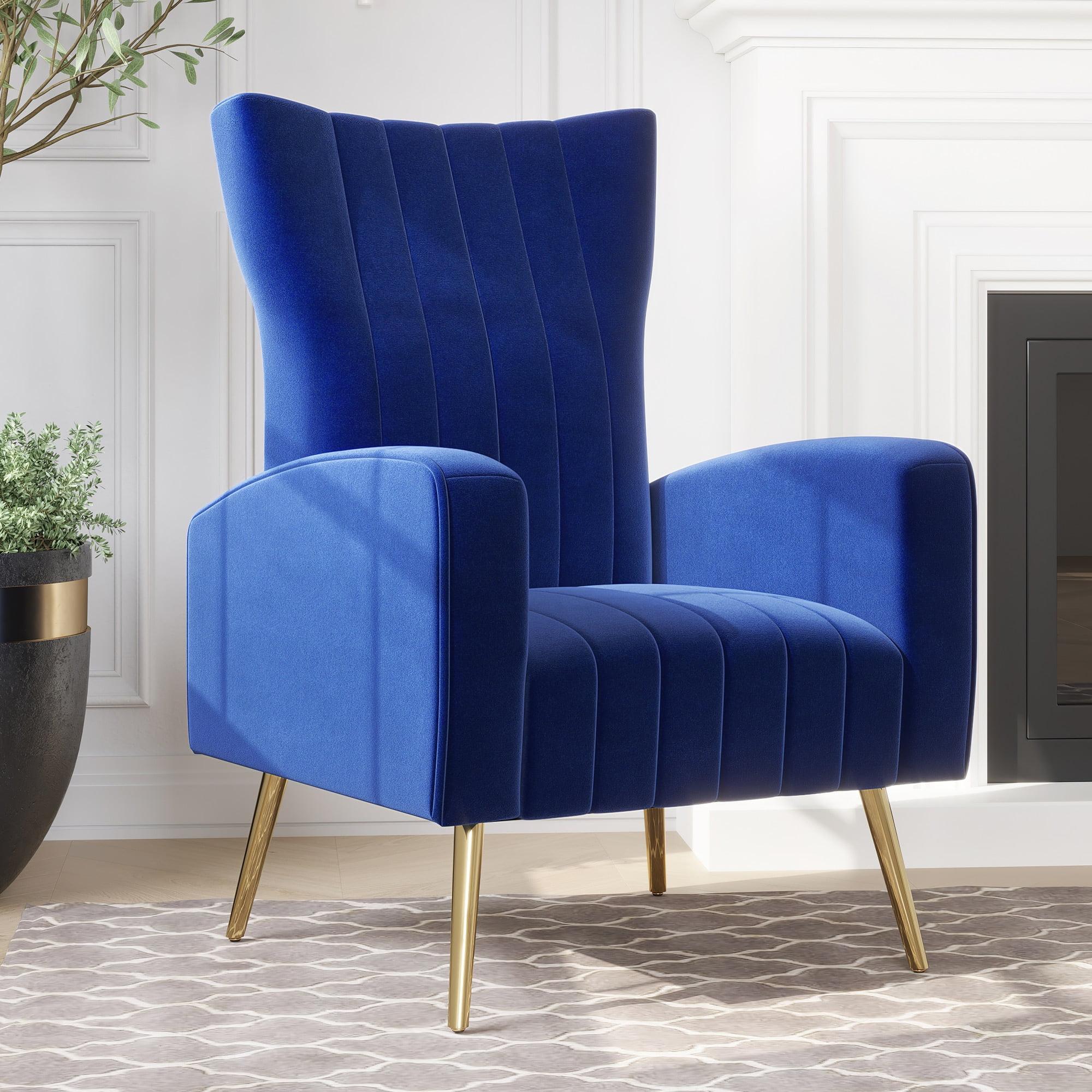 Navy Blue Velvet Wingback Accent Chair with Gold Legs