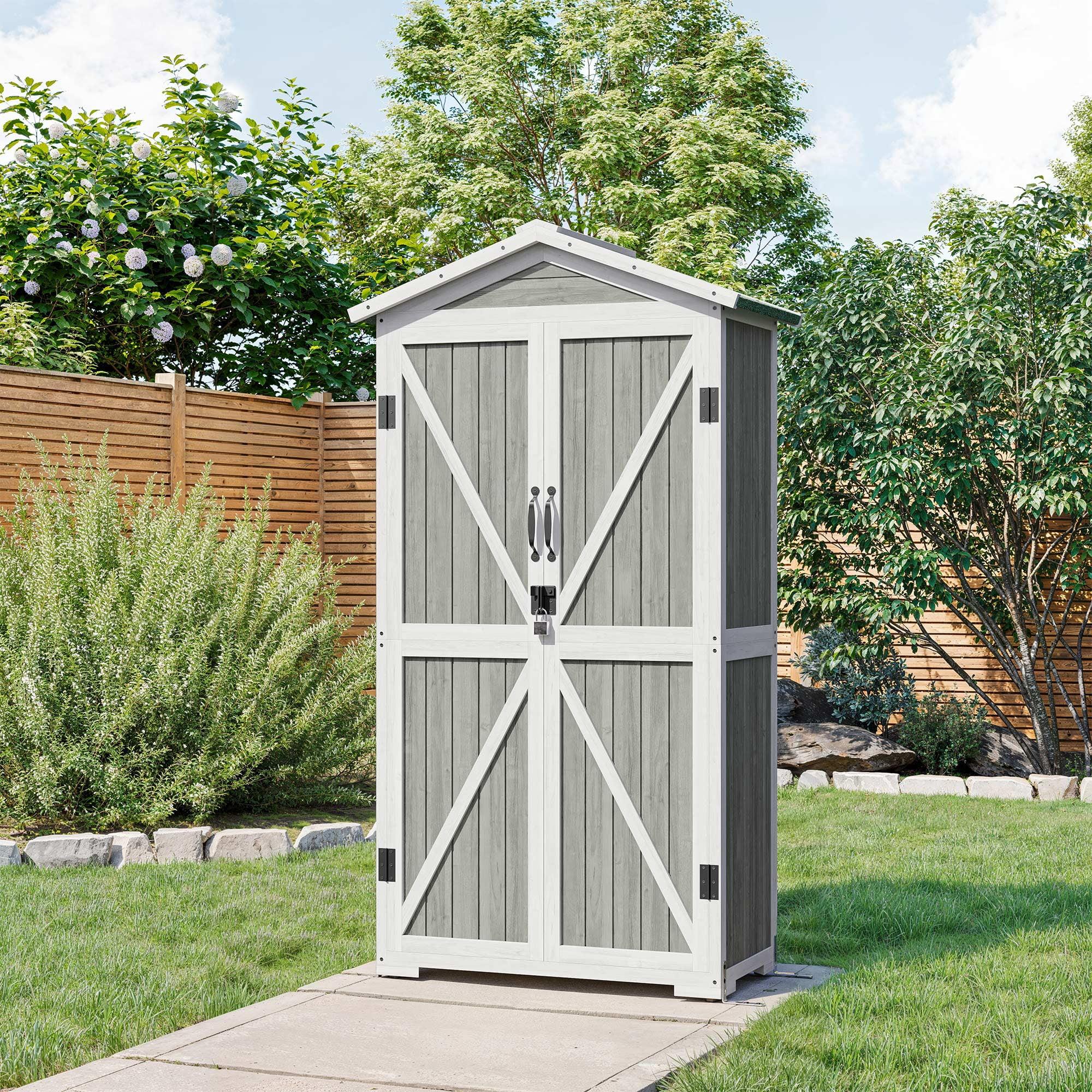 Gray and White Wooden Outdoor Storage Shed with Shelves