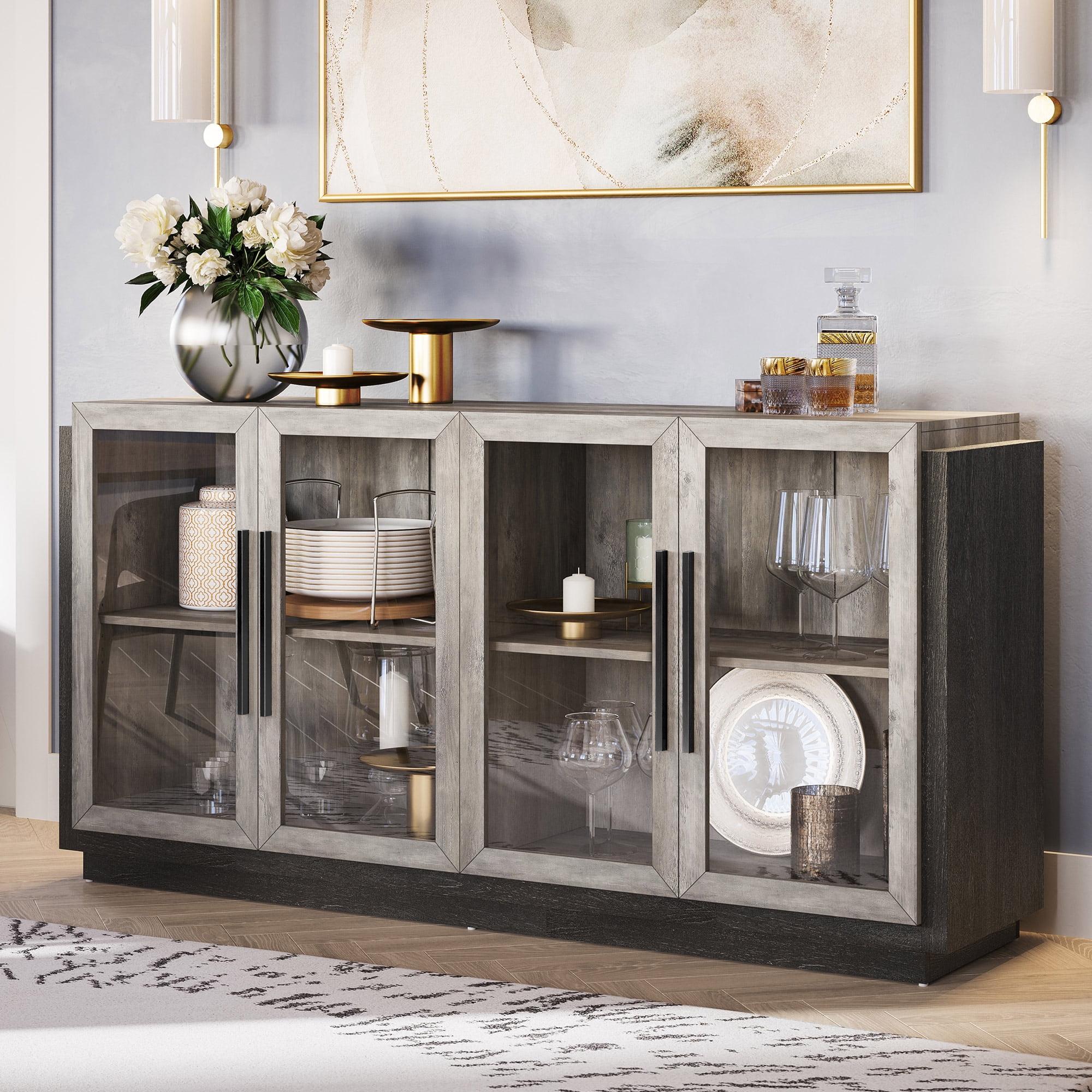 BELLEZE Sideboard Buffet Cabinet, Modern Wood Glass-Buffet-Sideboard with Storage, Console Table for Kitchen, Dinning Room, Living Room, Hallway, or Entrance - Brixston (Grey)